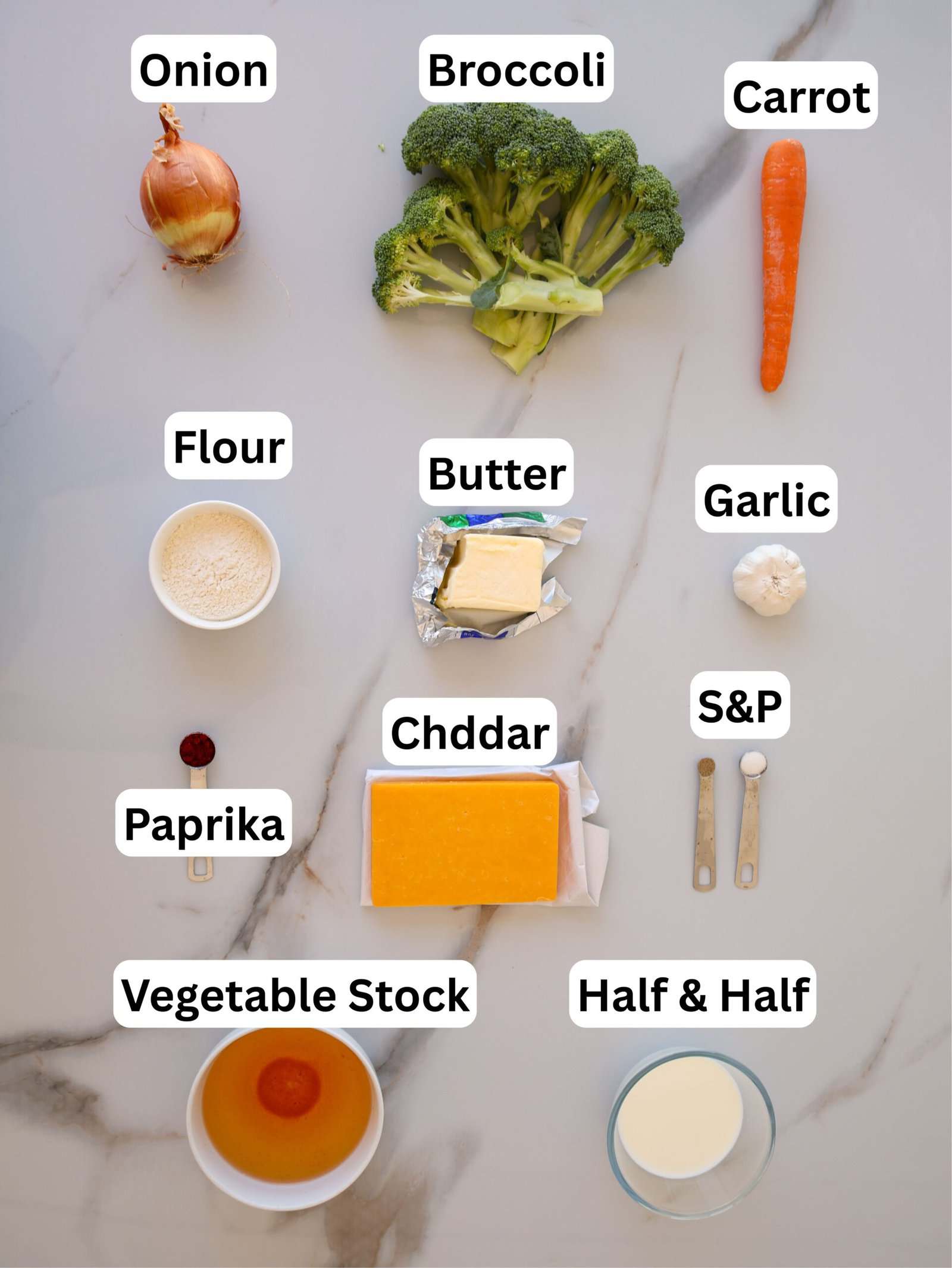 A flat lay of ingredients on a white surface, labeled: onion, broccoli, carrot, flour, butter, garlic, paprika, cheddar cheese, salt & pepper, vegetable stock, and half & half.