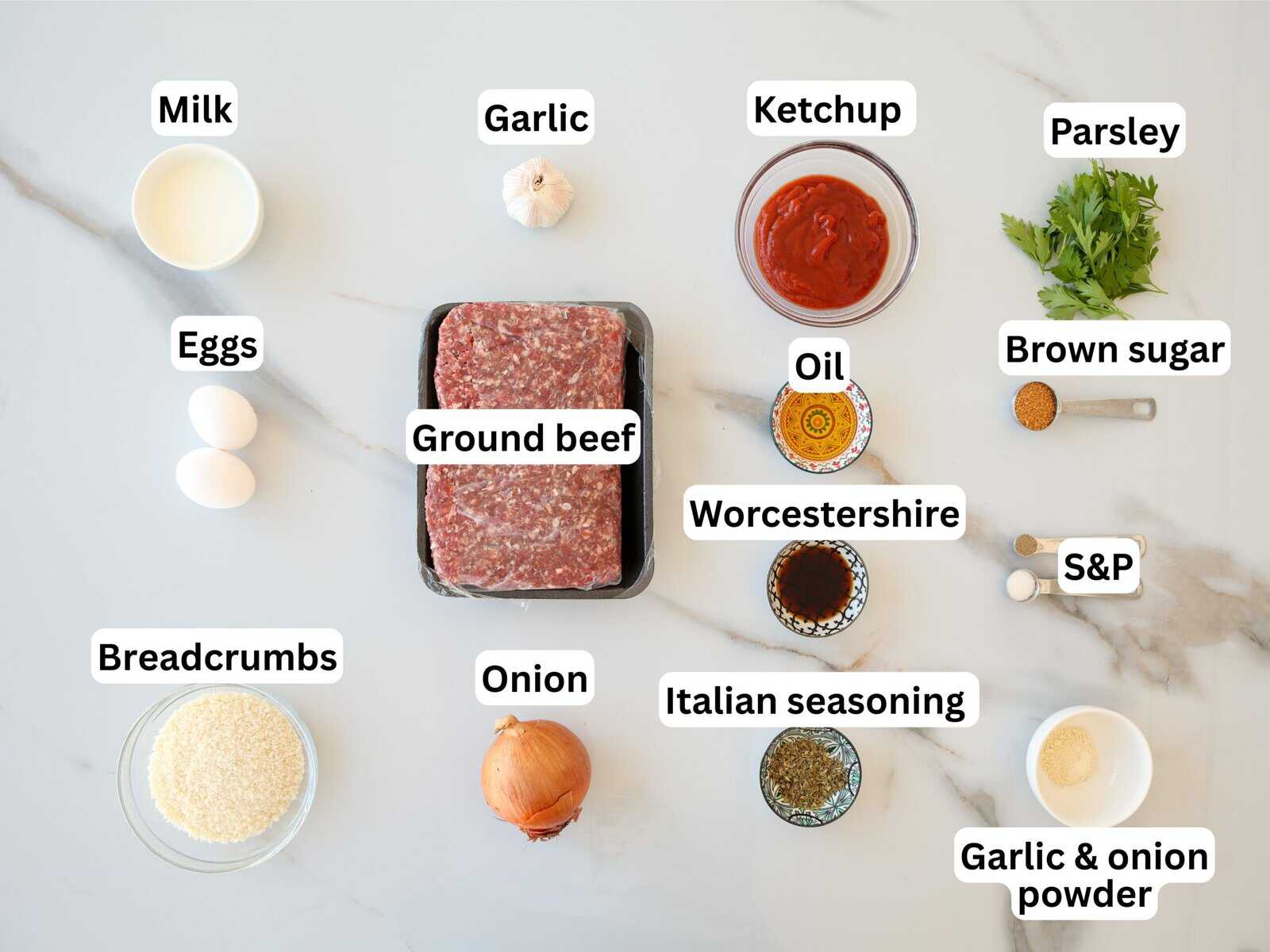 Ingredients for meatloaf arranged on a counter, each labeled: milk, eggs, breadcrumbs, onion, ground beef, garlic, ketchup, Worcestershire, Italian seasoning, oil, parsley, brown sugar, salt & pepper, garlic & onion powder.
