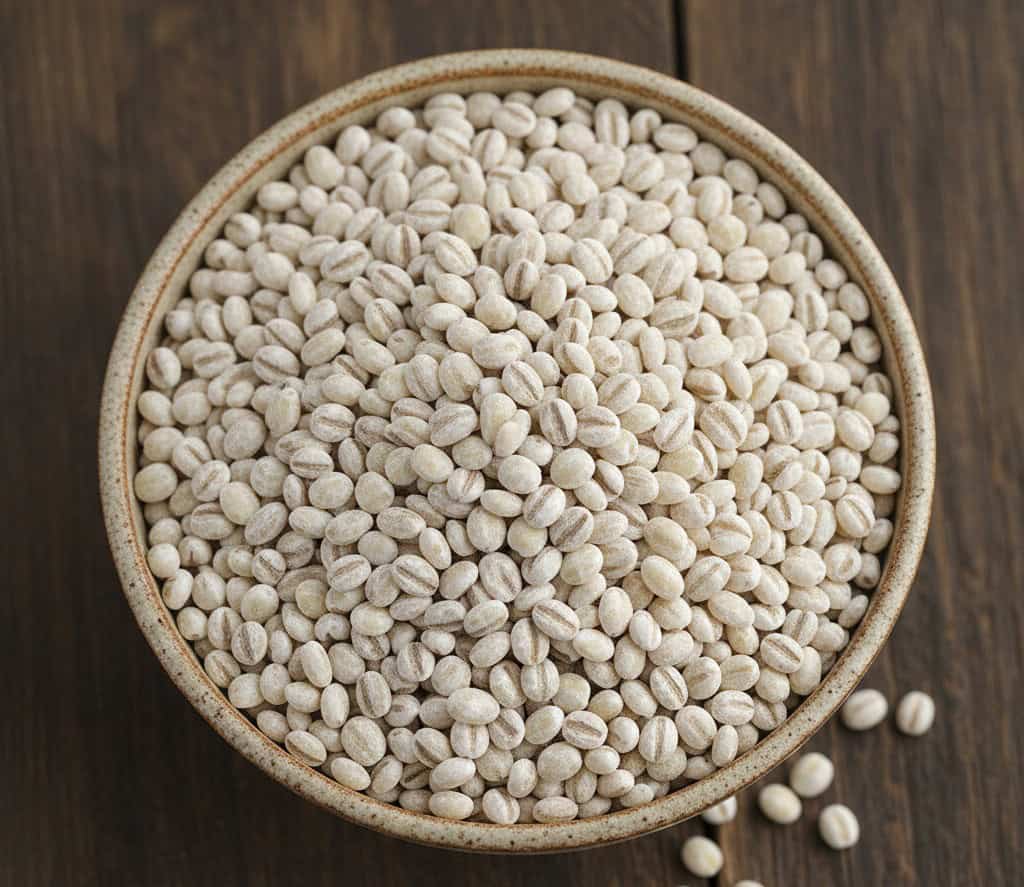 A bowl filled with uncooked pearl barley grains sits on a wooden surface, with a few grains scattered beside the bowl.