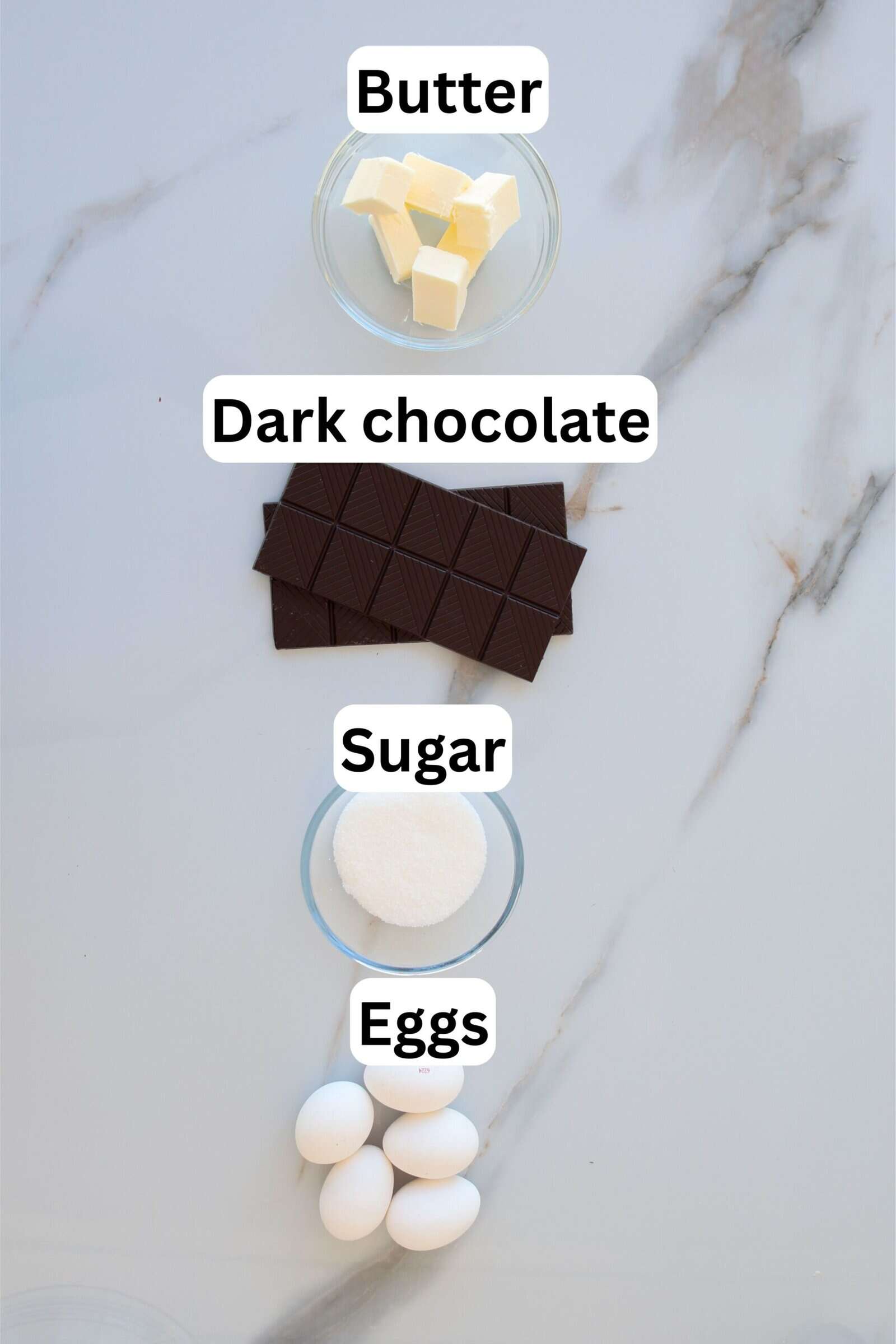 Four baking ingredients on a marble surface: a bowl of butter cubes, stacked dark chocolate squares, a bowl of granulated sugar, and four white eggs, each ingredient labeled with bold text.