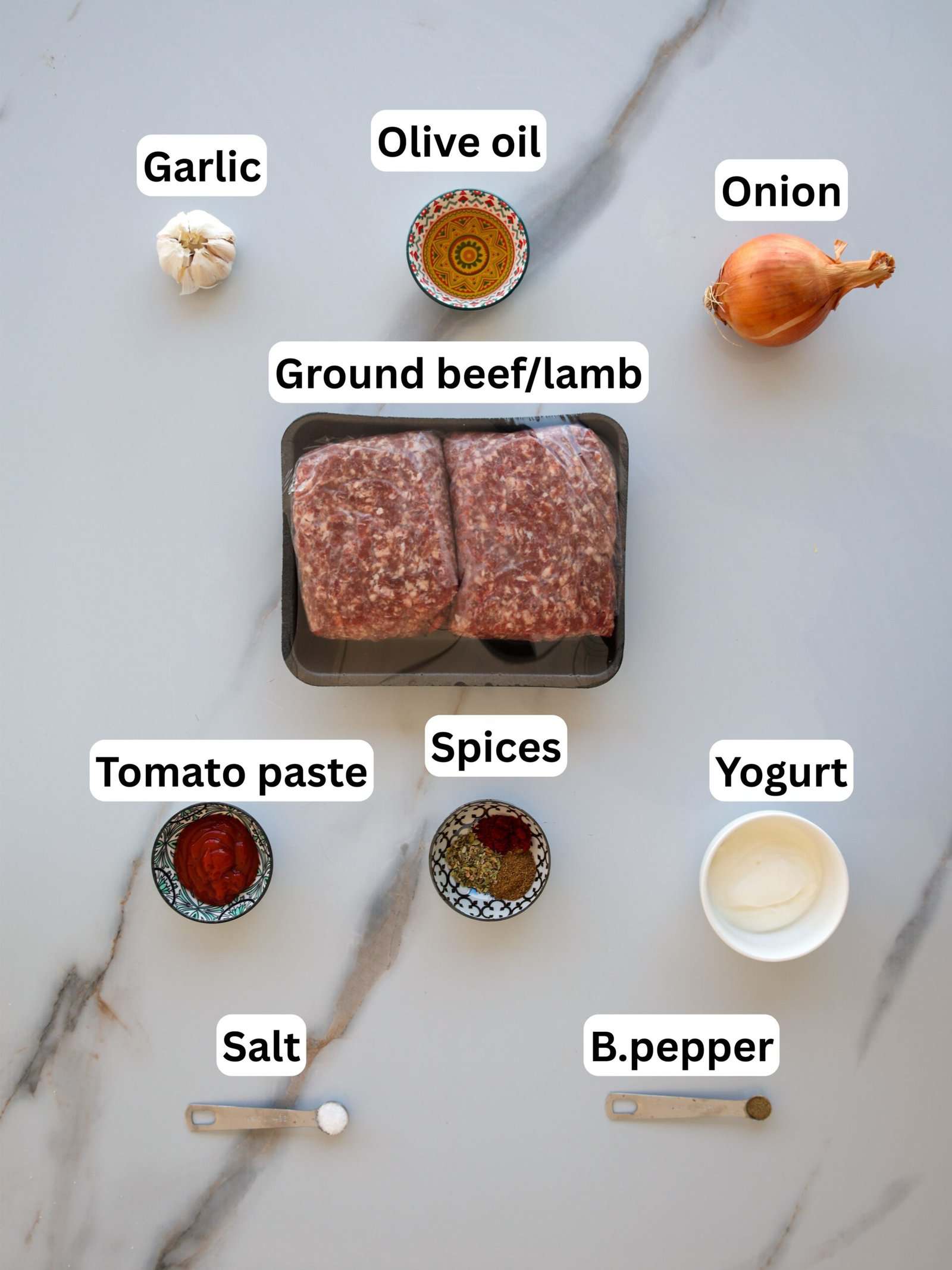 A flat lay of ingredients on a white surface: garlic, olive oil, onion, ground beef or lamb, tomato paste, assorted spices, yogurt, salt, and black pepper. Each item is labeled with text.