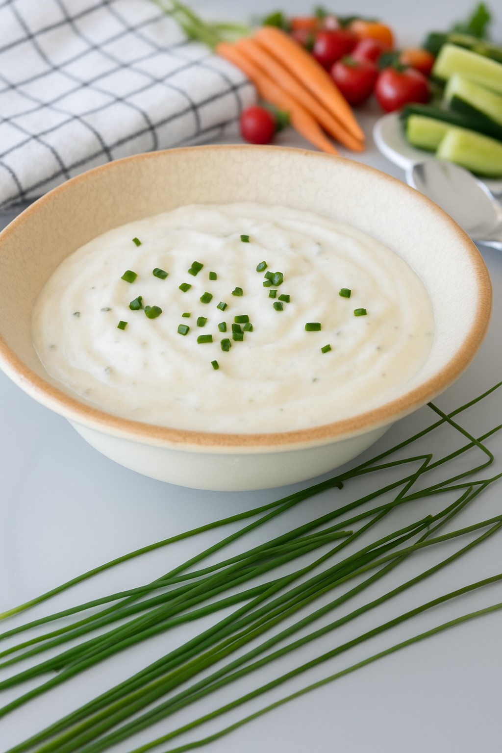 A bowl of creamy white dip topped with chopped chives sits on a table. Fresh chives, cucumbers, carrots, cherry tomatoes, and a striped towel are in the background.