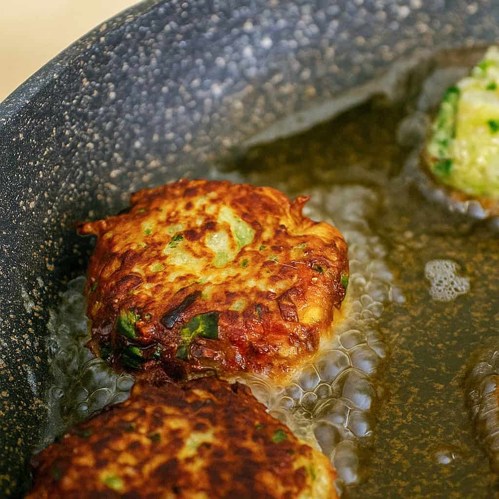 Close-up of cabbage fritters with crispy brown edges frying in hot oil in a nonstick pan, with bubbles around the fritters indicating they are being cooked.