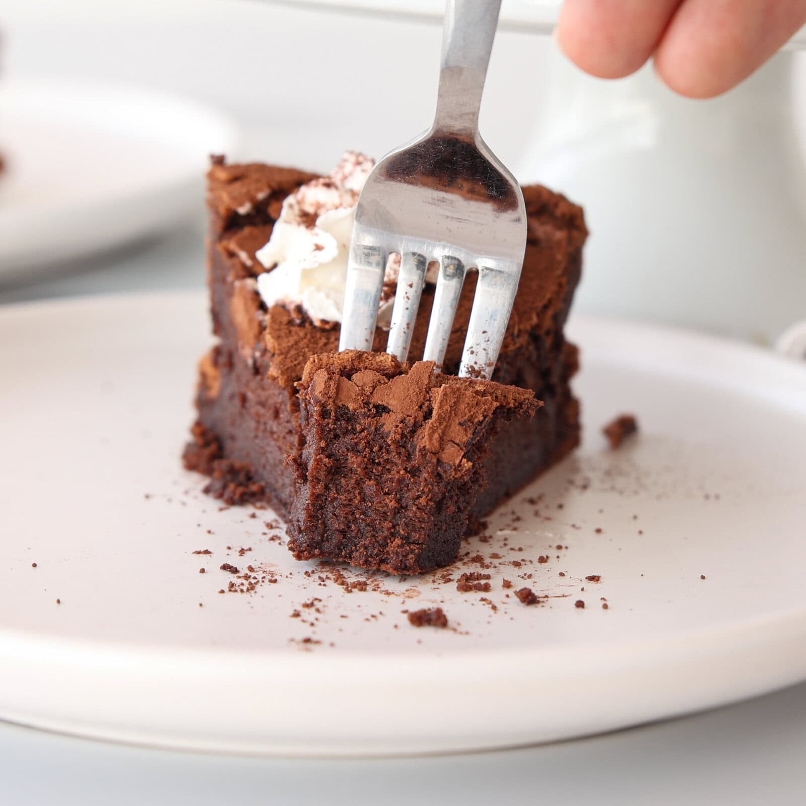 A close-up of a piece of chocolate cake with whipped cream on top, being cut with a fork on a white plate. Crumbs and cocoa powder are scattered around the dessert.