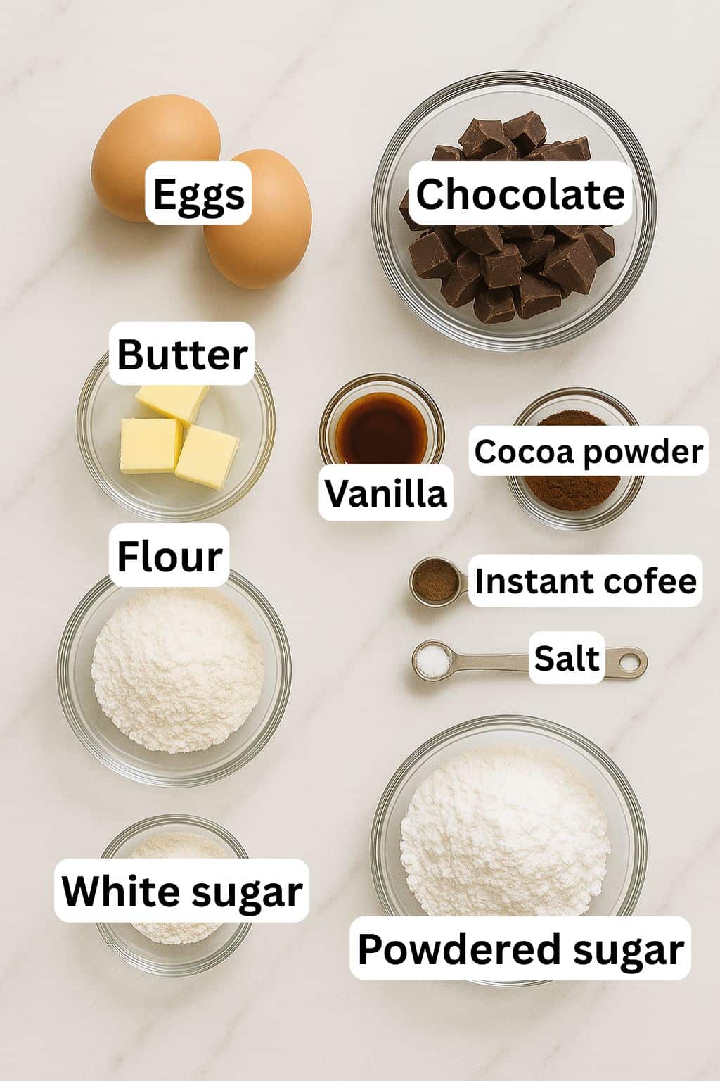 Nine labeled bowls and ingredients for baking are arranged on a white surface, including eggs, chocolate, butter, vanilla, cocoa powder, instant coffee, salt, flour, white sugar, and powdered sugar.