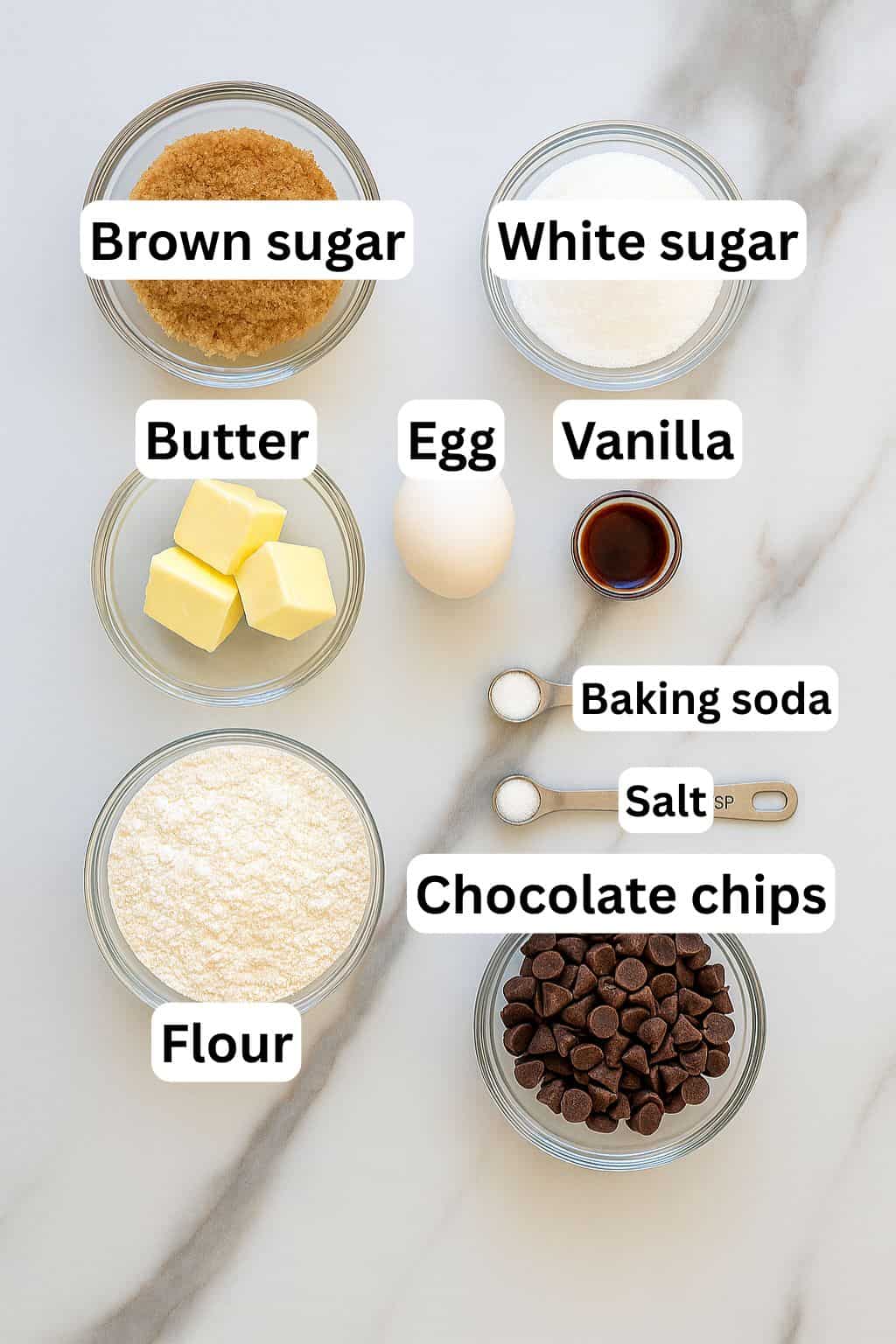 Overhead view of labeled bowls containing chocolate chip cookie ingredients: brown sugar, white sugar, butter, egg, vanilla, baking soda, salt, flour, and chocolate chips, arranged on a marble surface.