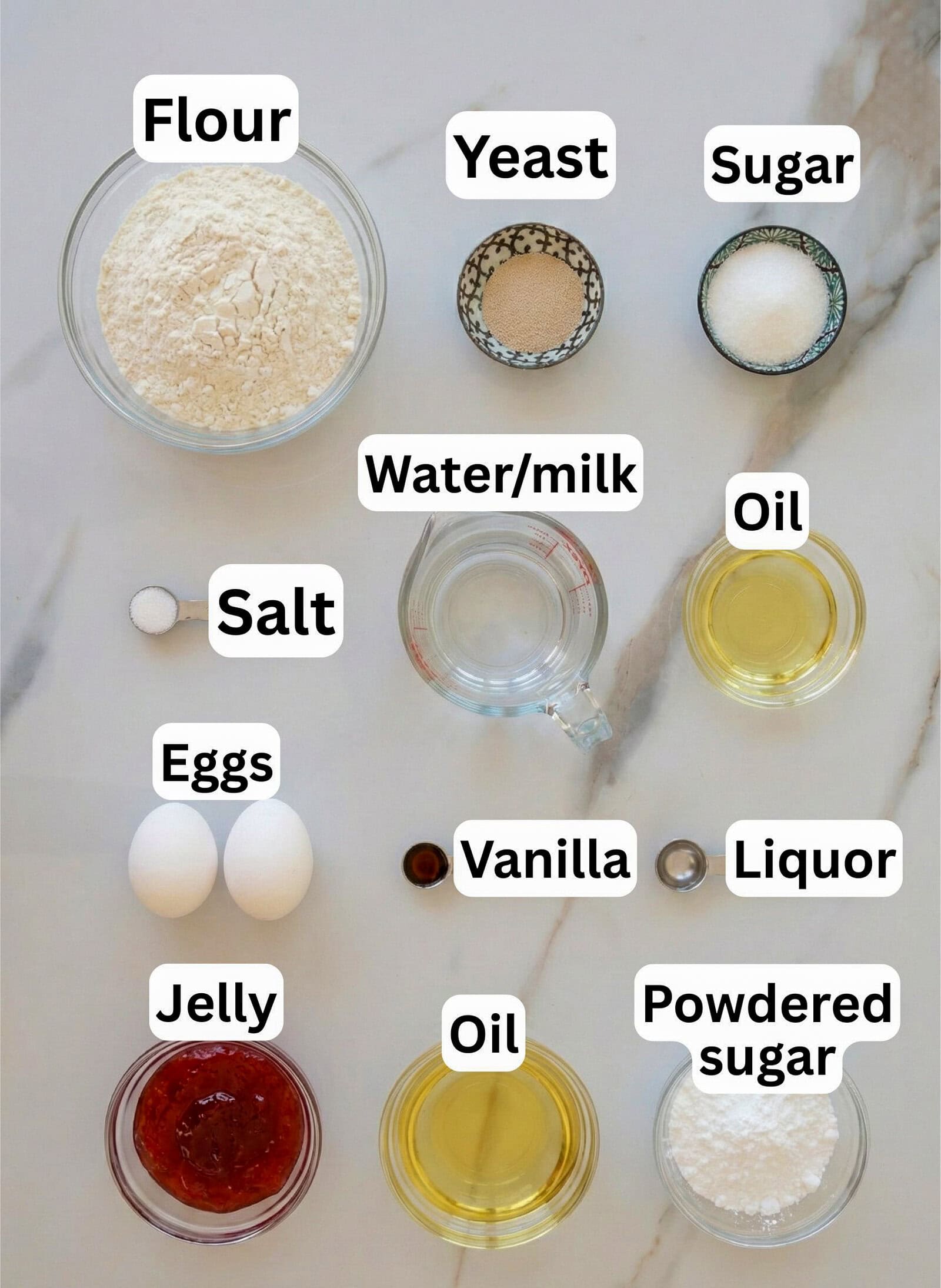 Top-down view of labeled ingredients in bowls and cups on a white surface, including flour, yeast, sugar, water/milk, oil, eggs, salt, vanilla, liquor, jelly, and powdered sugar.