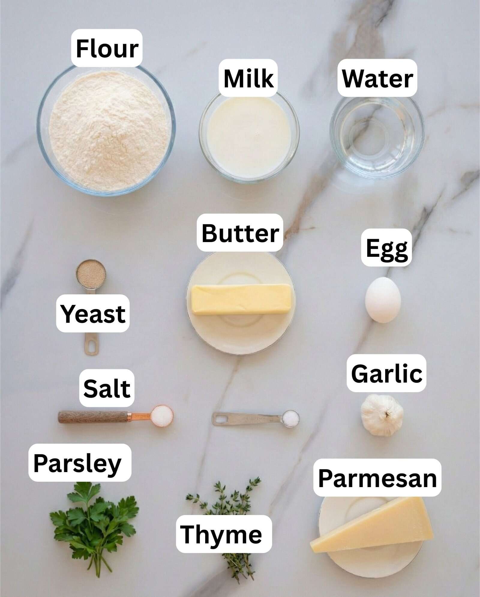 A flat lay of labeled ingredients on a marble surface: flour, milk, water, yeast, salt, parsley, thyme, butter, egg, garlic, and parmesan cheese. Each item is neatly arranged with a label.
