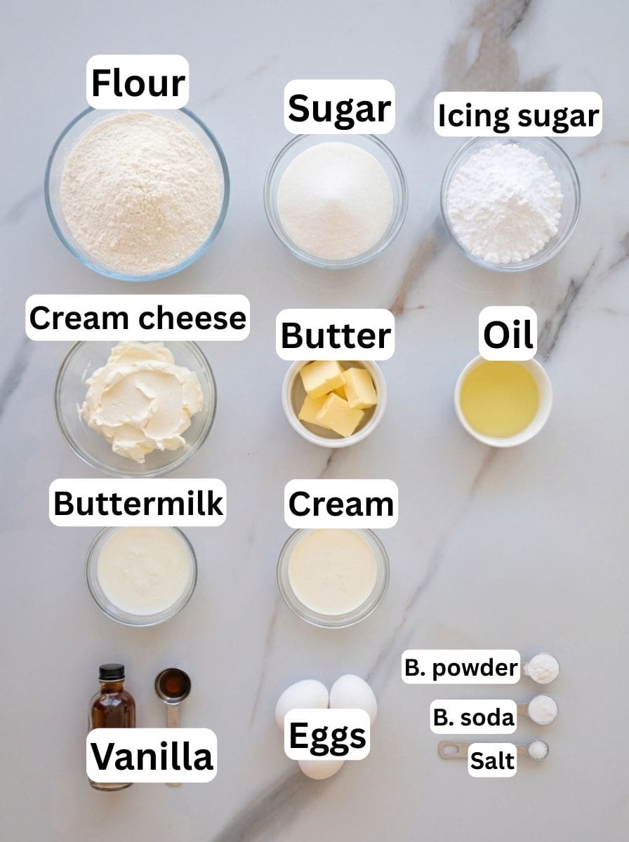 Overhead view of baking ingredients in bowls and jars, each labeled: flour, sugar, icing sugar, cream cheese, buttermilk, vanilla, butter, cream, oil, eggs, baking powder, baking soda, and salt.