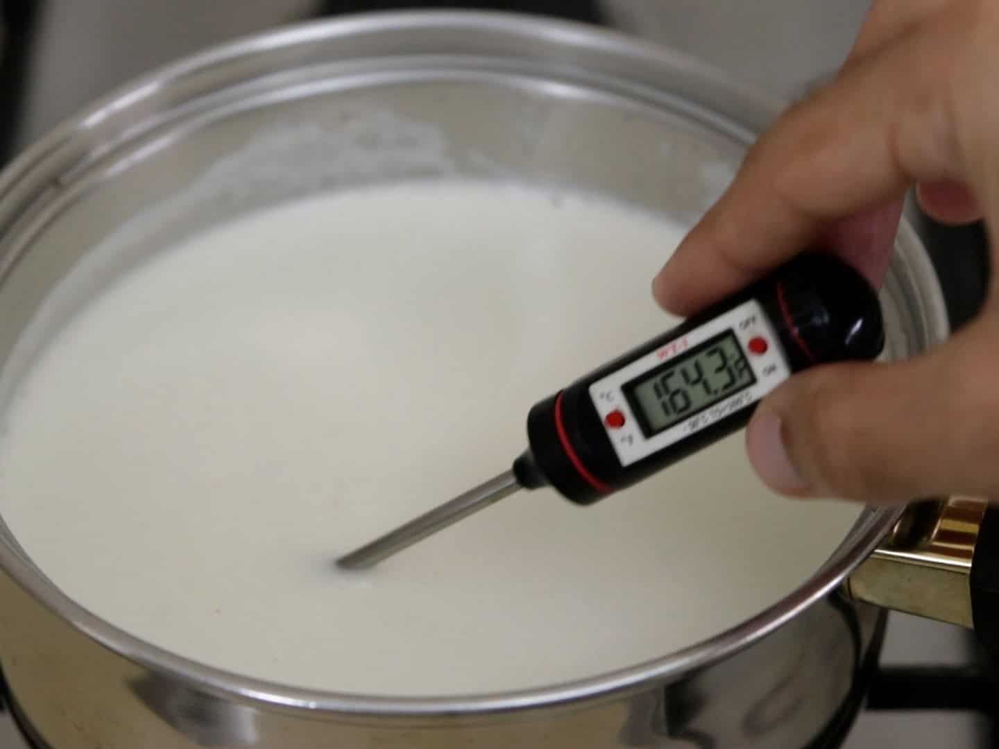 A hand holds a digital thermometer in a pot of milk on a stove. The thermometer reads 164.3°F, monitoring the milk’s temperature as it heats.
