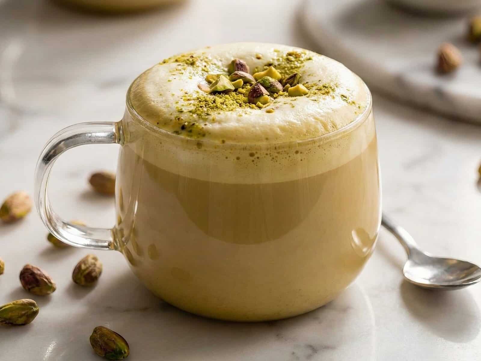 A glass mug filled with frothy pistachio latte, topped with chopped pistachios, sits on a marble surface with scattered pistachio nuts and a spoon nearby.