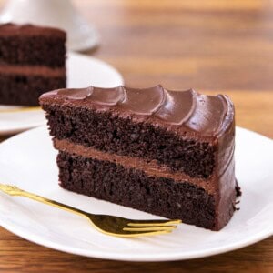 A slice of rich chocolate layer cake with smooth chocolate frosting, served on a white plate with a gold fork. Another slice of cake is visible in the background.