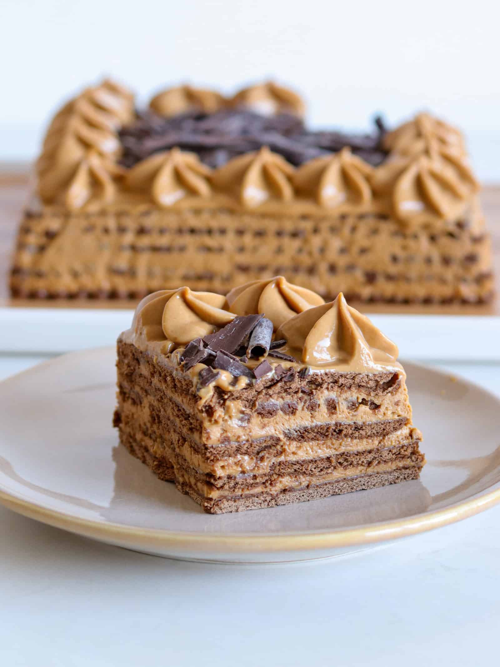 A slice of Argentine chocotorta, topped with swirls of coffee frosting and chocolate shavings, sits on a plate, with the remaining cake in the background.