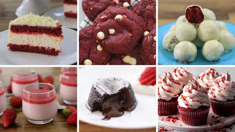A collage of six red velvet desserts: cake slice, cookies with white chips, truffles, strawberry mousse in glasses, chocolate lava cake, and frosted cupcakes with red sprinkles.