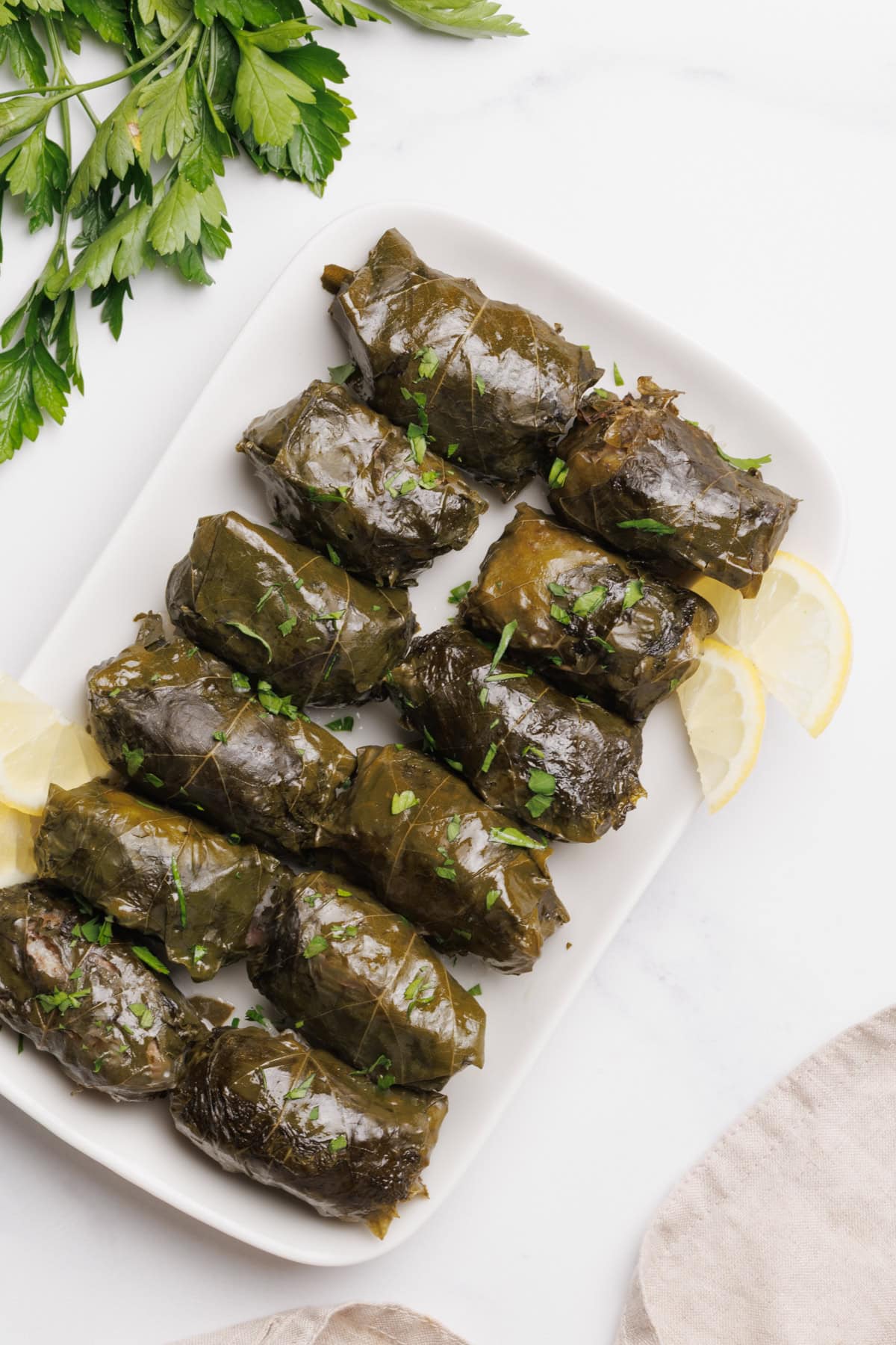 A rectangular white plate with neatly arranged grape leaf rolls (dolmas), garnished with chopped herbs and served with lemon wedges. Fresh parsley and a beige napkin are nearby on a white surface.