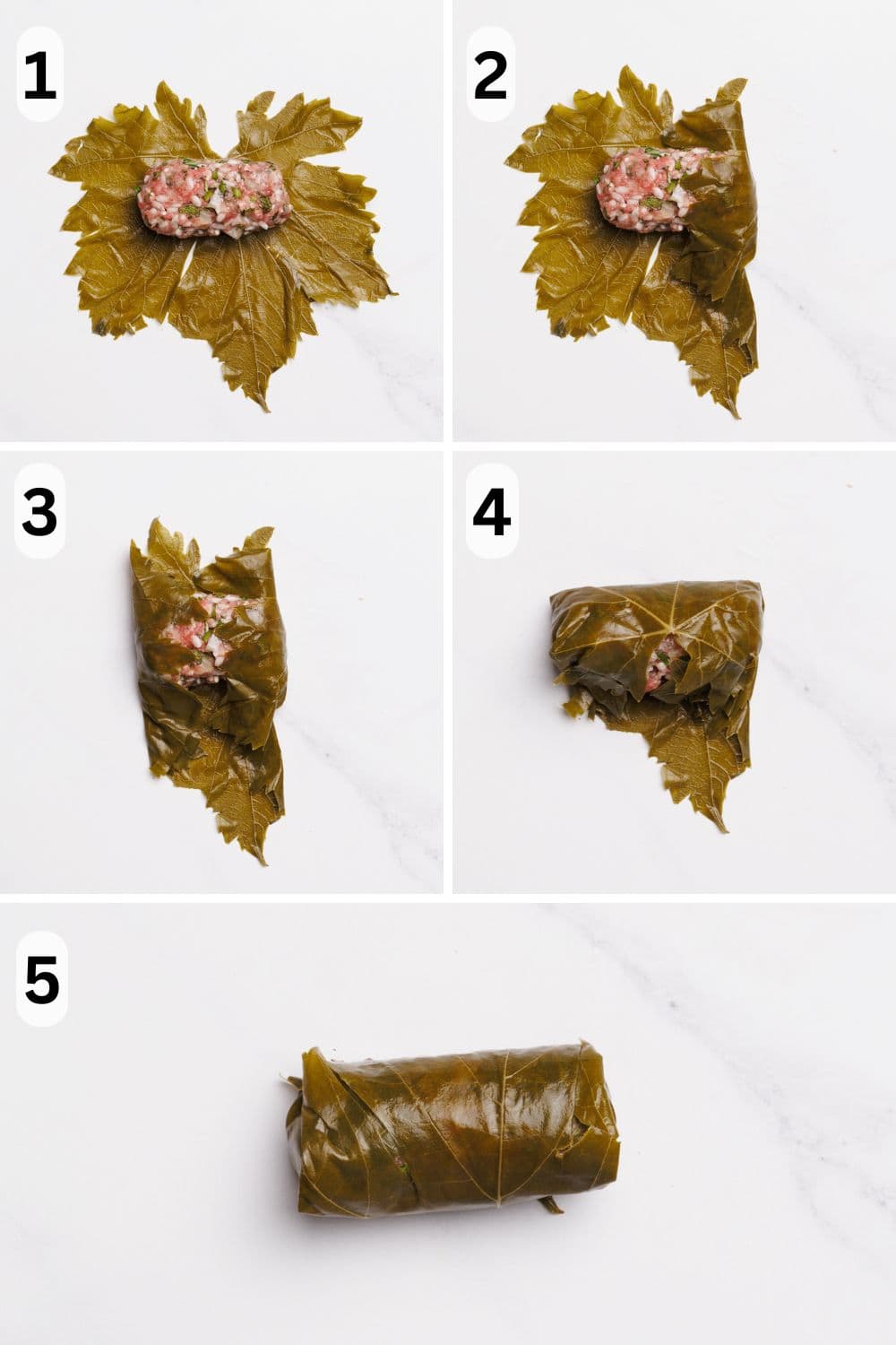 Step-by-step guide showing how to roll a grape leaf with filling: placing filling on the leaf, folding the sides, rolling upward, and finishing with a tightly wrapped grape leaf roll.