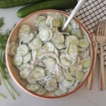 A bowl of creamy cucumber salad with sliced cucumbers, red onions, and dill in a creamy dressing. A spoon is in the bowl, with fresh dill, cucumbers, a napkin, and forks nearby.