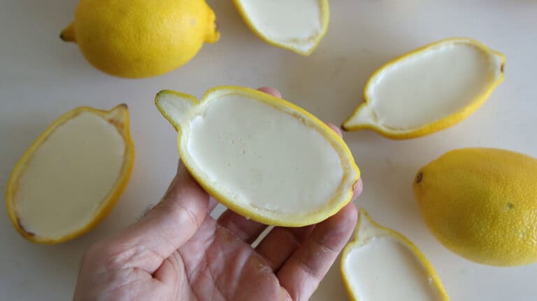 A hand holds a lemon posset . Several other similarly filled lemon halves and whole lemons are on a white surface in the background.