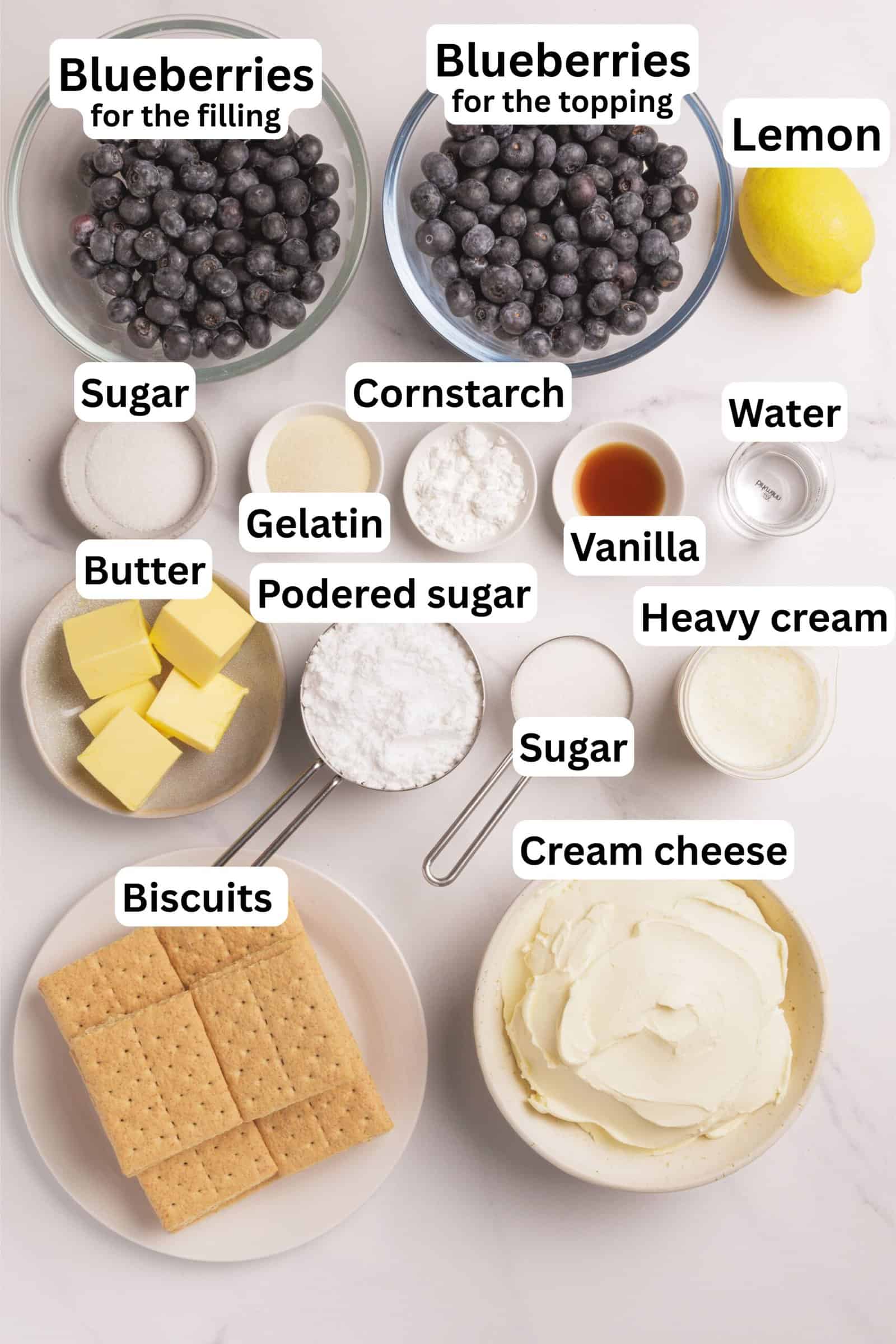 Overhead view of labeled cheesecake ingredients, including bowls of blueberries, lemon, sugar, cornstarch, gelatin, water, vanilla, heavy cream, butter, powdered sugar, cream cheese, and biscuits on a white surface.
