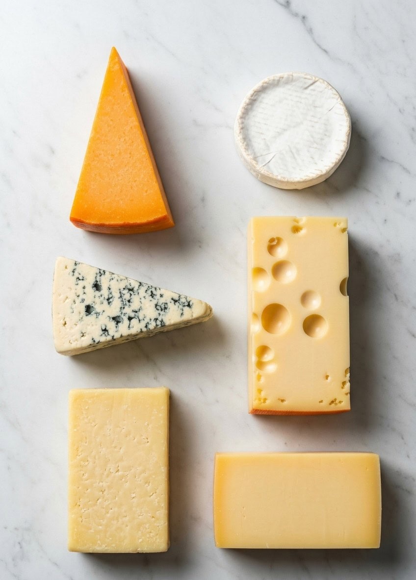 A selection of six different cheeses for a quiche, including wedges and blocks of yellow, blue-veined, and hard cheeses, plus a small round of soft white cheese, arranged on a white marble surface.