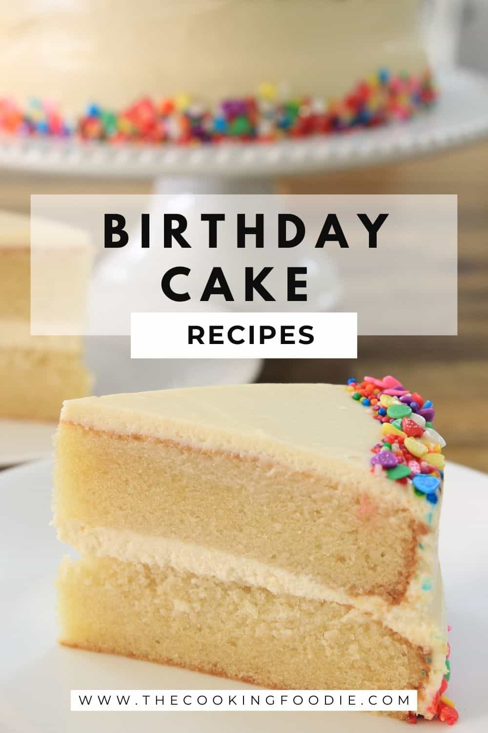 A slice of vanilla birthday cake with buttercream frosting and colorful sprinkles on a white plate, with a whole decorated cake in the background. Text overlay reads "Birthday Cake Recipes.