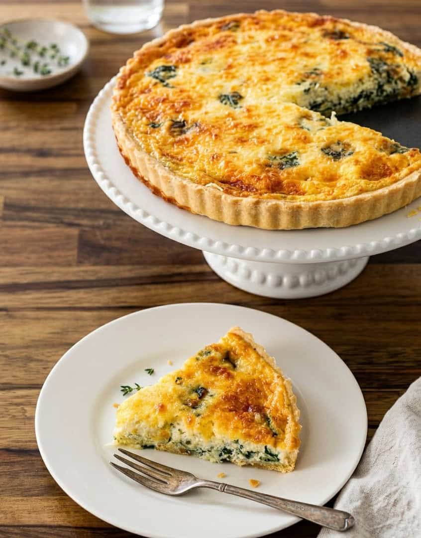 A spinach and blue cheese quiche on a white cake stand with one slice missing, served on a white plate with a fork. The quiche has a golden, baked top and a flaky crust. A napkin and a small dish are nearby on a wooden table.