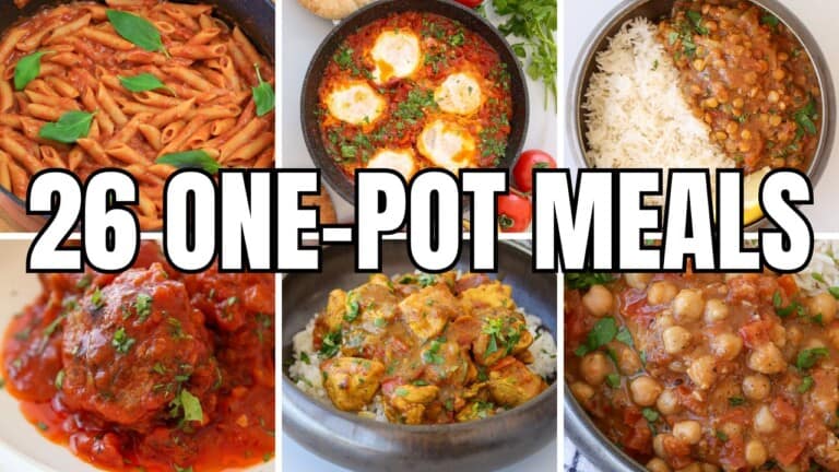 Collage of six different one-pot meals featuring pasta, stews, curries, and rice dishes, with "26 ONE-POT MEALS" written in bold white letters across the center.