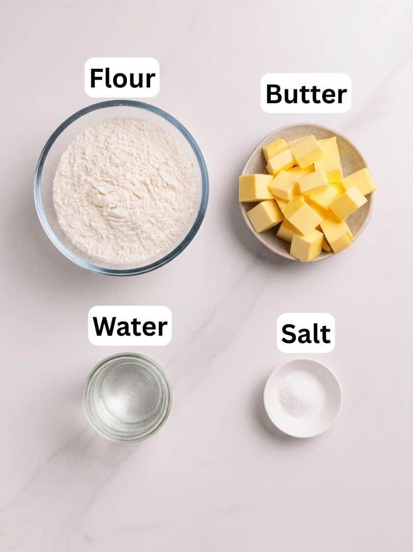 Four labeled bowls on a white surface: a glass bowl with flour, a small bowl with cubed butter, a small bowl with water, and a small dish with salt.