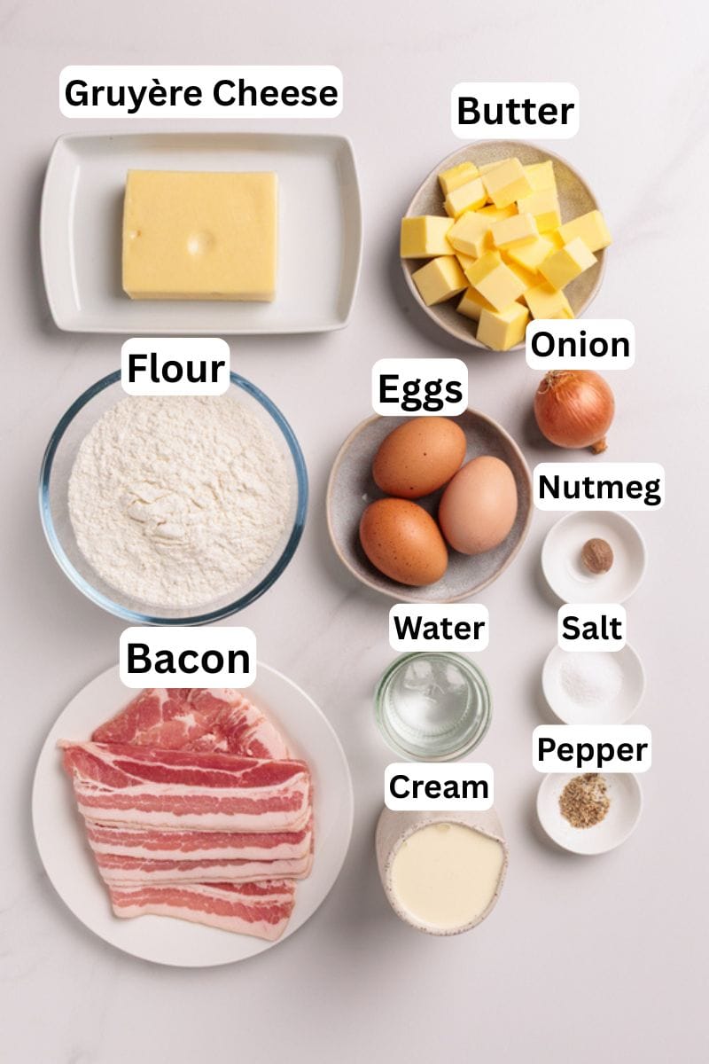 Top-down view of labeled ingredients for a recipe: Gruyère cheese, butter, flour, eggs, onion, nutmeg, bacon, water, cream, salt, and pepper arranged neatly on a light surface.