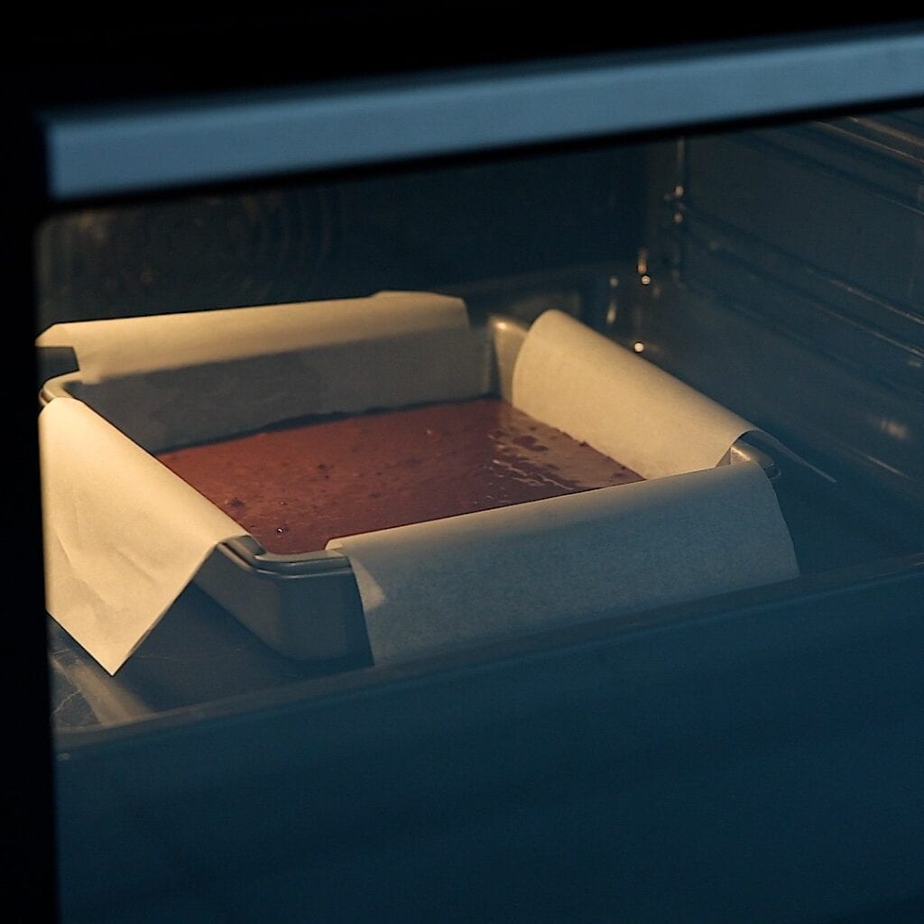 A square baking pan lined with parchment paper and filled with chocolate batter is placed on the oven rack, baking. The oven door is partially closed, with the inside lit up.
