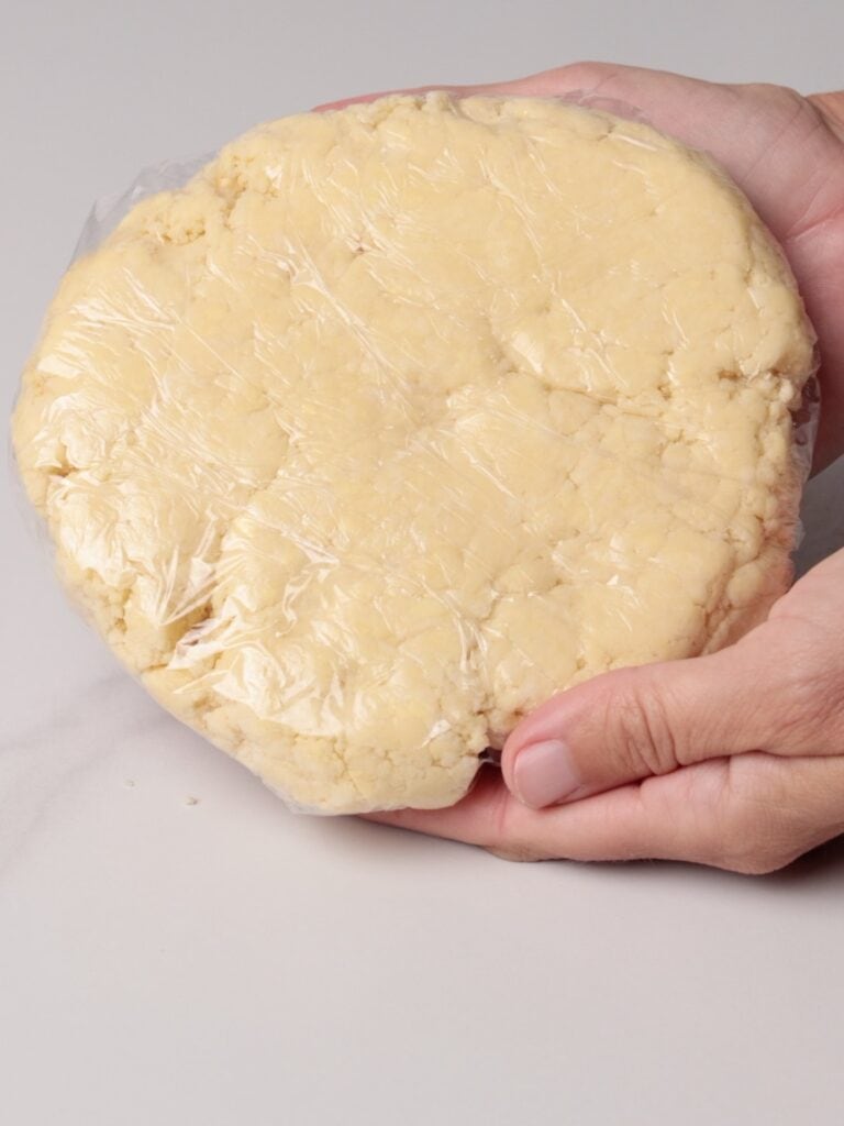 Two hands are holding a disc of dough wrapped in plastic wrap, ready for chilling or storage, against a plain light background.