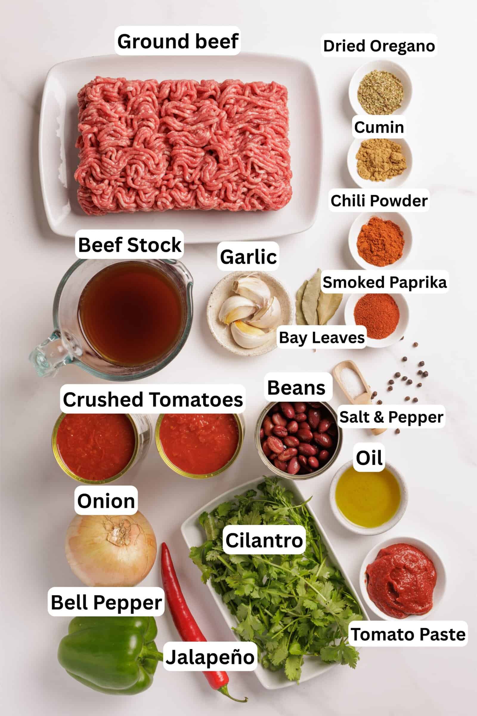 A top-down view of various chili ingredients labeled, including ground beef, beef stock, garlic, onion, bell pepper, jalapeño, cilantro, crushed tomatoes, beans, tomato paste, oil, spices, and bay leaves.