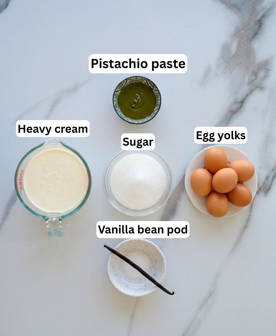 Ingredients for a recipe are arranged on a marble surface: pistachio paste, heavy cream, sugar, egg yolks in a bowl, and a vanilla bean pod. Each item is labeled with text.