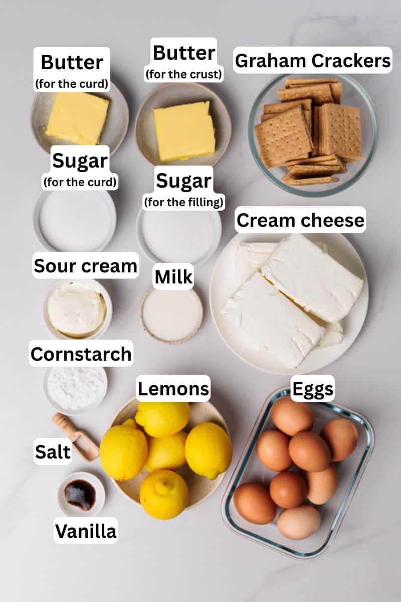 Overhead view of labeled ingredients for cheesecake, including butter, graham crackers, sugar, cream cheese, sour cream, milk, cornstarch, lemons, eggs, salt, and vanilla, arranged on a white surface.