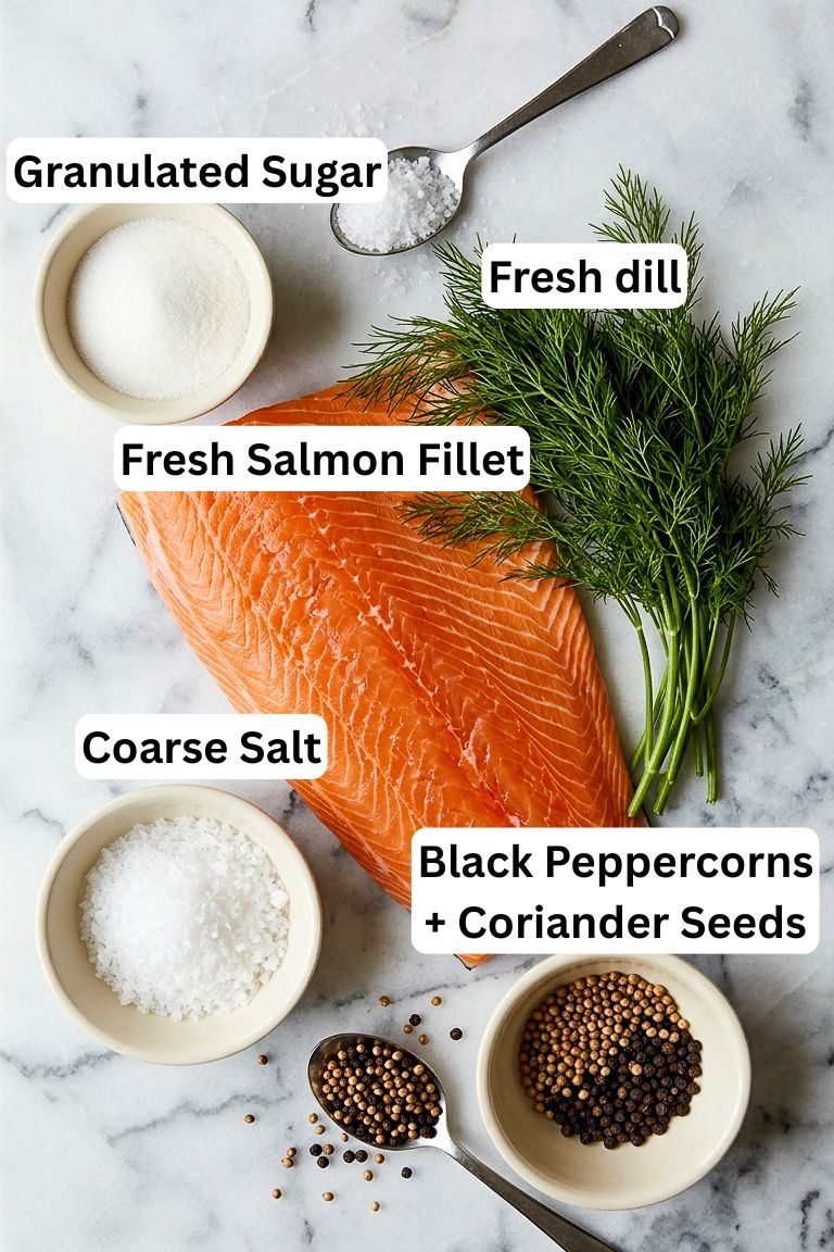 A fresh salmon fillet on a white surface surrounded by bowls and spoons of granulated sugar, coarse salt, black peppercorns with coriander seeds, and sprigs of fresh dill, each ingredient labeled.