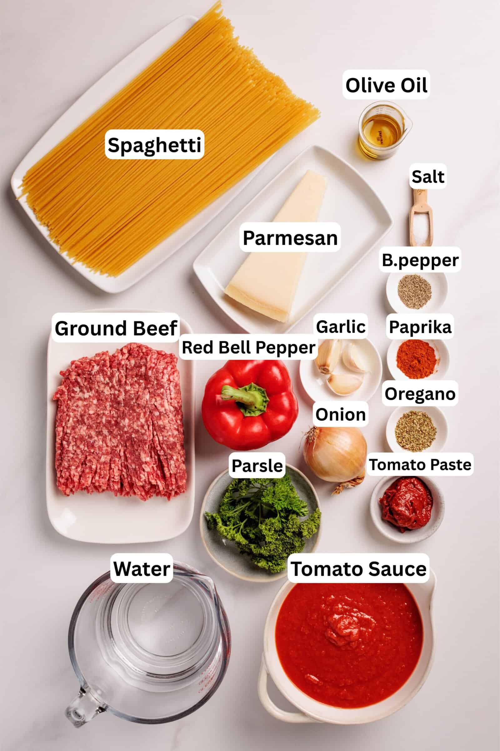 Top-down view of ingredients for spaghetti: uncooked spaghetti, ground beef, red bell pepper, parsley, Parmesan cheese, olive oil, salt, black pepper, paprika, oregano, garlic, onion, tomato paste, tomato sauce, and water.