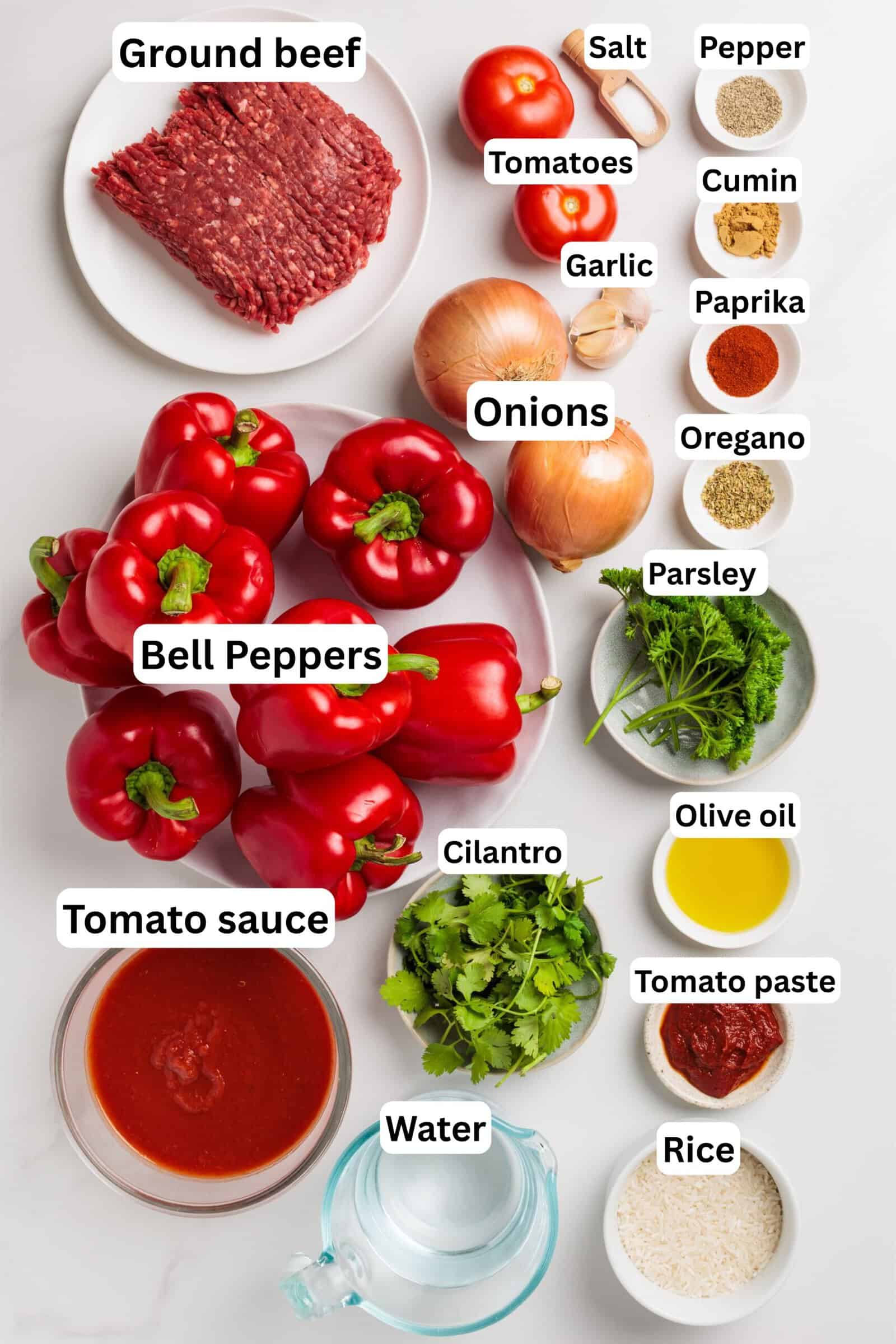 Overhead view of labeled ingredients for a recipe, including ground beef, tomatoes, garlic, onions, bell peppers, tomato sauce, parsley, cilantro, olive oil, tomato paste, water, rice, salt, pepper, cumin, paprika, and oregano.