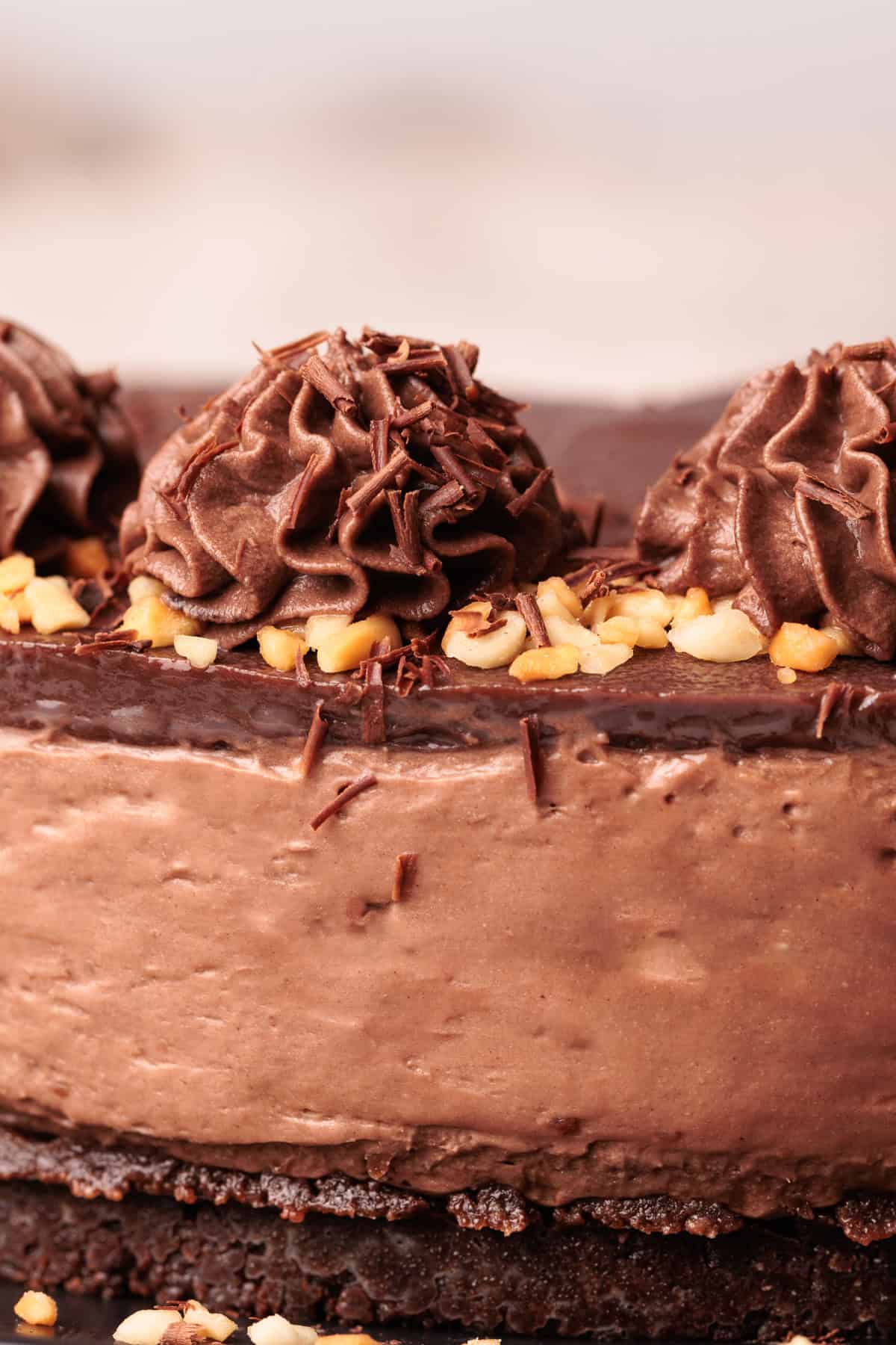 Close-up of a rich no-bake Nutella cheesecake with a chocolate base, creamy Nutella layer, topped with chocolate cream swirls, chocolate shavings, and chopped nuts.