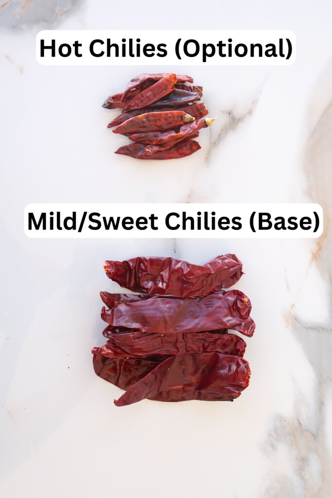 Two groups of dried red chilies on a white surface. The top group, labeled "Hot Chilies (Optional)," consists of smaller chilies. The bottom group, labeled "Mild/Sweet Chilies (Base)," consists of larger chilies.