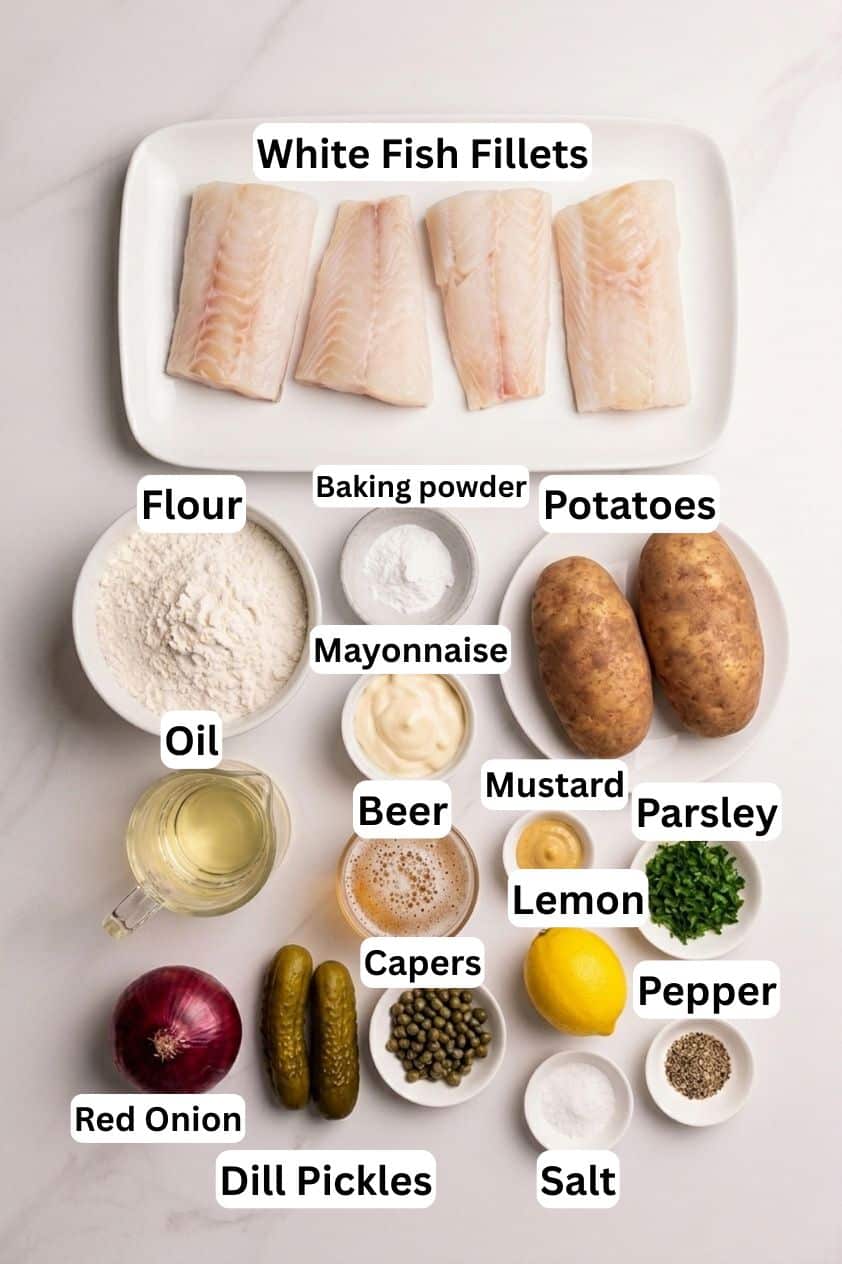 A top view of labelled ingredients for a fish dish, including white fish fillets, potatoes, flour, oil, beer, mayonnaise, baking powder, mustard, lemon, parsley, pepper, salt, red onion, dill pickles, and capers.