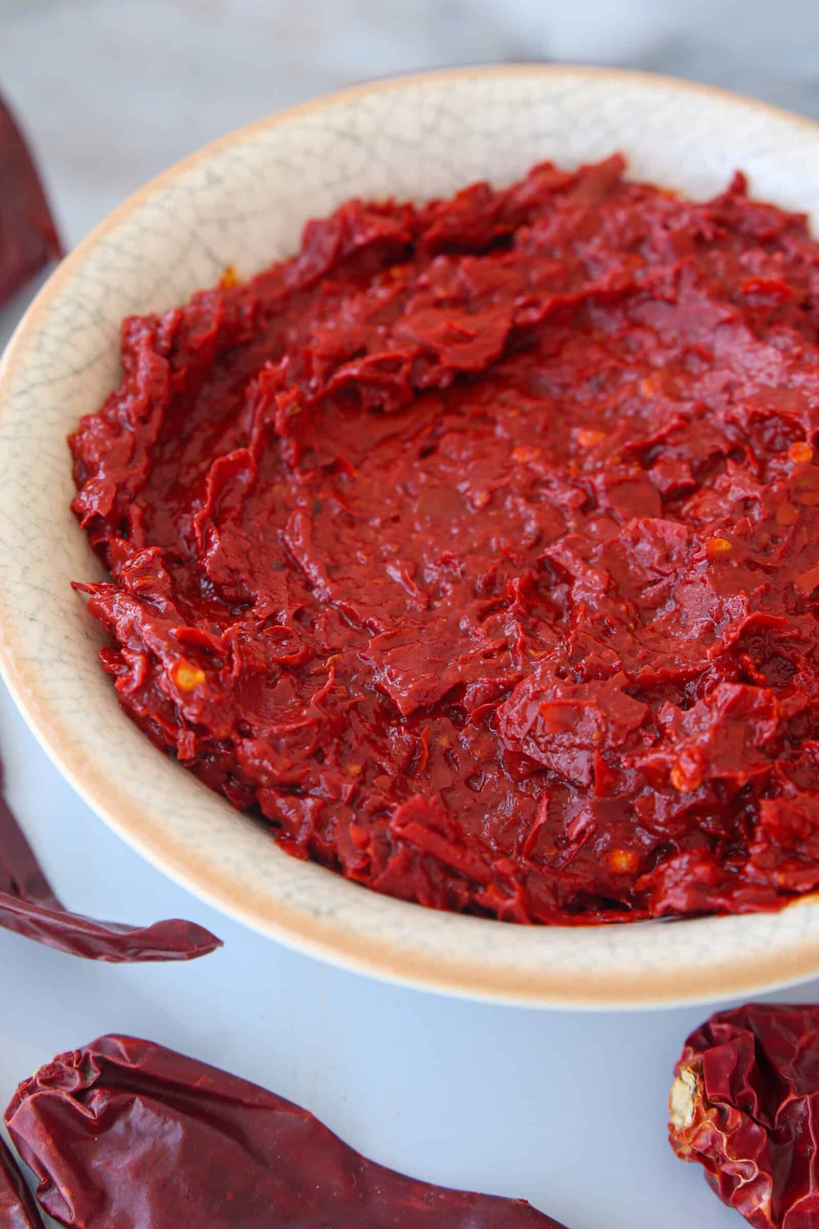 A close-up of a bowl filled with thick, red chili paste, with dried chili peppers placed nearby on a light surface.