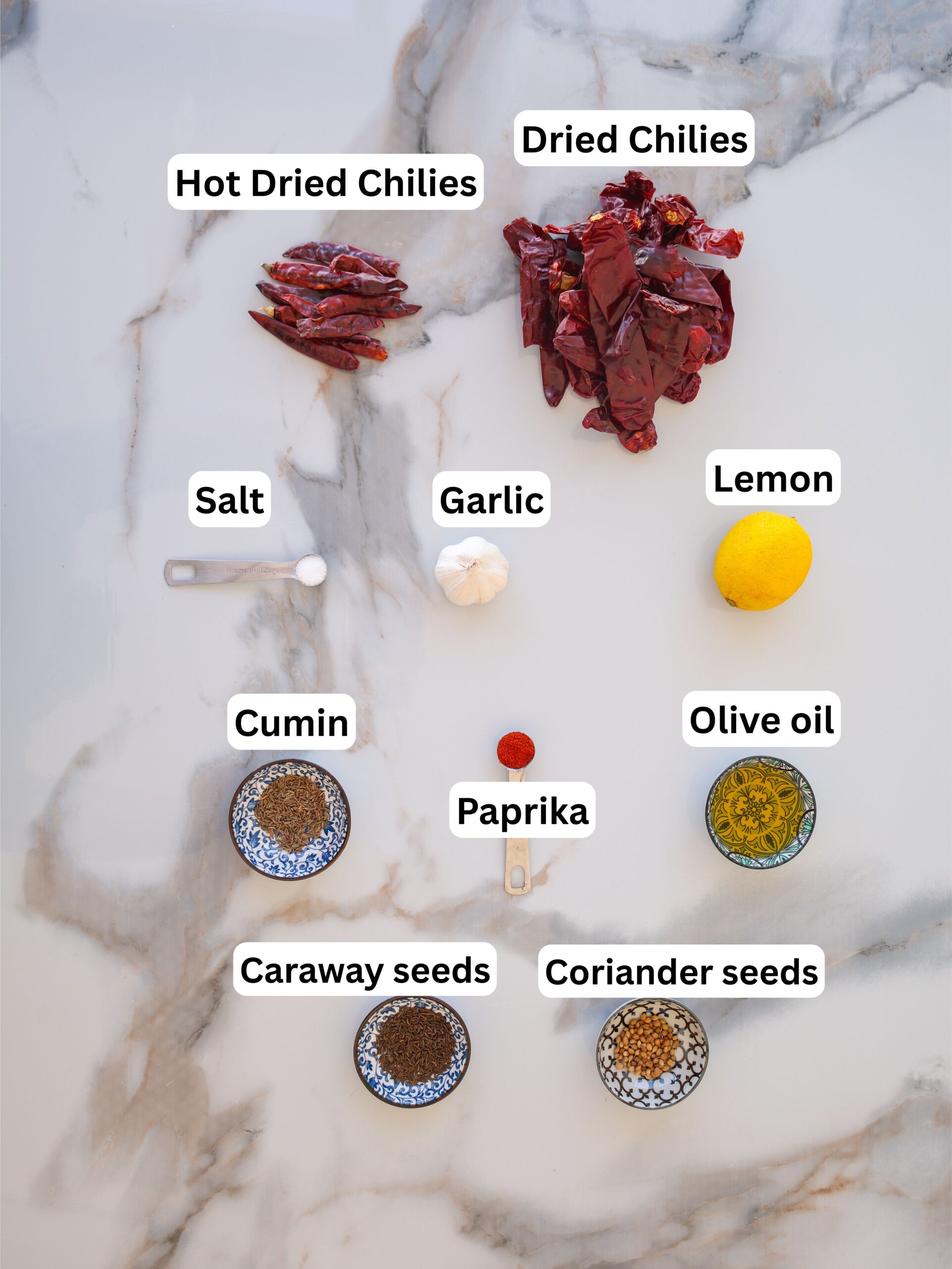 A marble surface displays labeled ingredients for a recipe: hot dried chilies, dried chilies, a lemon, garlic bulb, olive oil, salt, paprika, cumin, caraway seeds, and coriander seeds in small bowls or piles.