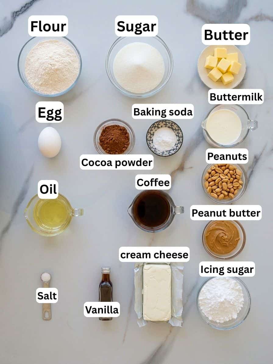 Top-down view of various baking ingredients in bowls and containers on a marble surface. Each item is labeled: flour, sugar, butter, egg, oil, salt, vanilla, baking soda, cocoa powder, coffee, cream cheese, buttermilk, peanuts, peanut butter, and icing sugar.