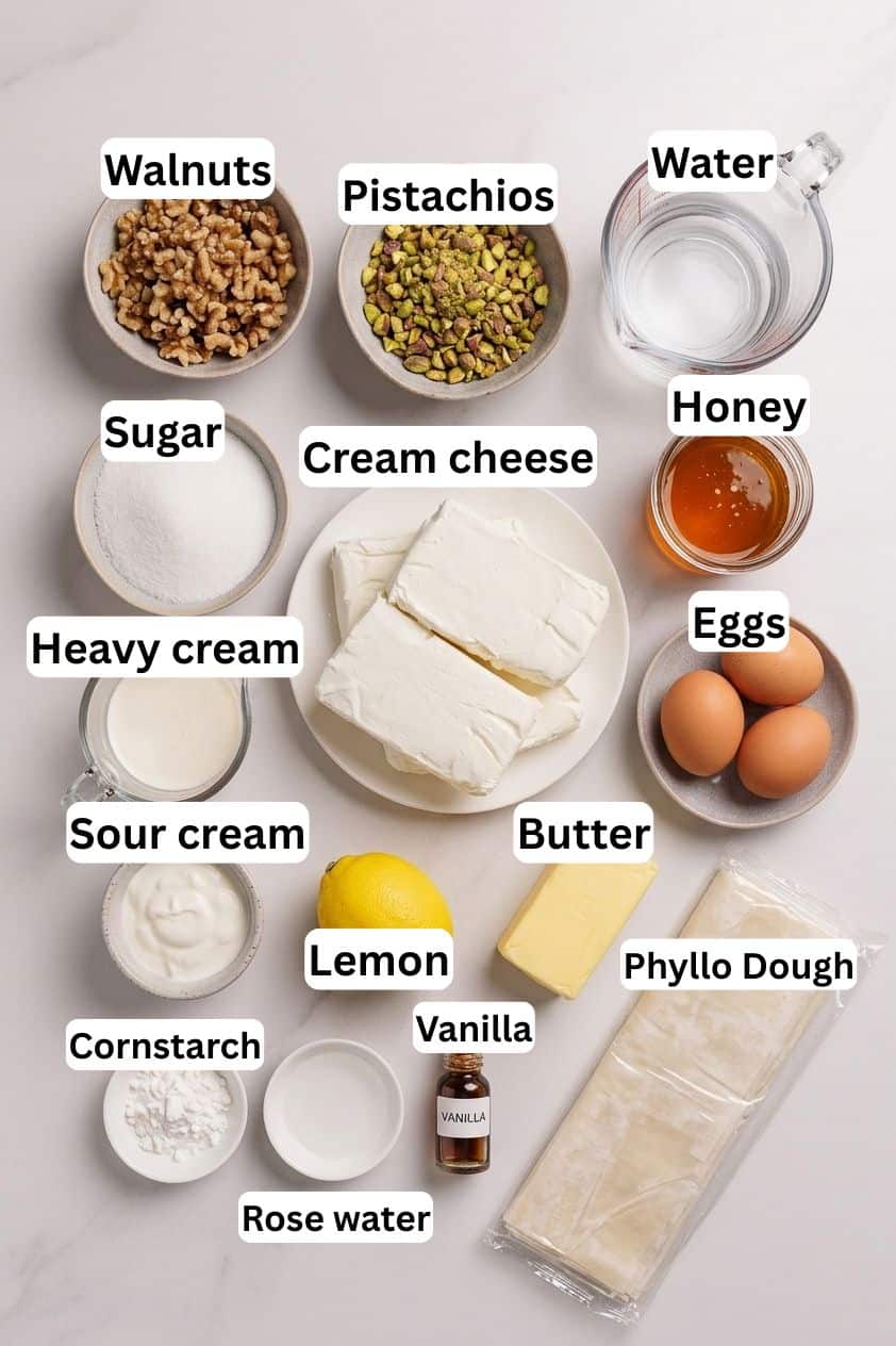 Top view of labeled ingredients: walnuts, pistachios, water, sugar, cream cheese, honey, eggs, heavy cream, sour cream, butter, lemon, phyllo dough, cornstarch, vanilla, and rose water on a white surface.