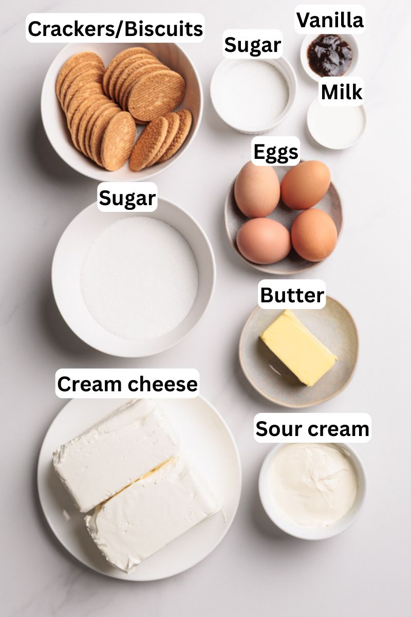 Top-down view of labeled cheesecake ingredients: crackers/biscuits, sugar, vanilla, milk, eggs, butter, cream cheese, and sour cream, each in separate bowls or plates on a white surface.