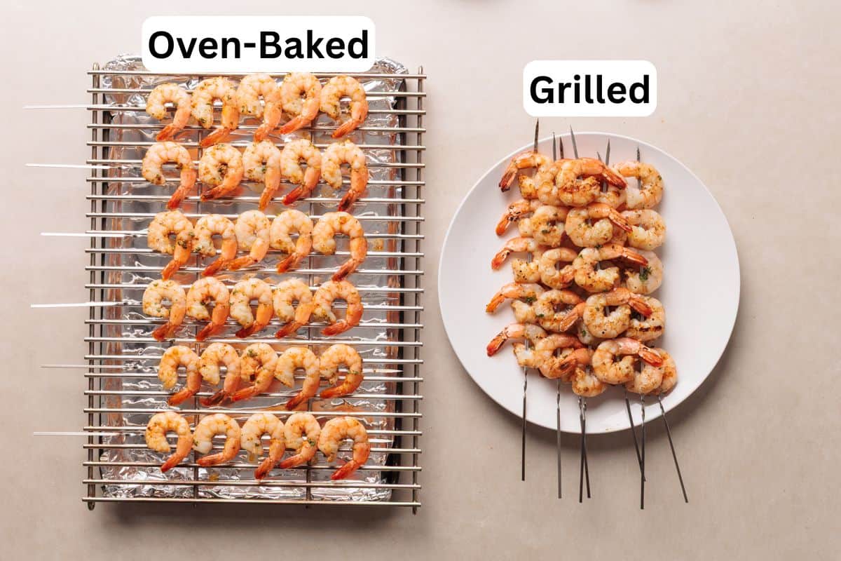 Two sets of shrimp skewers labeled “Oven-Baked” on a rack with foil and “Grilled” on a white plate, showing visual differences in color and texture between the two cooking methods.