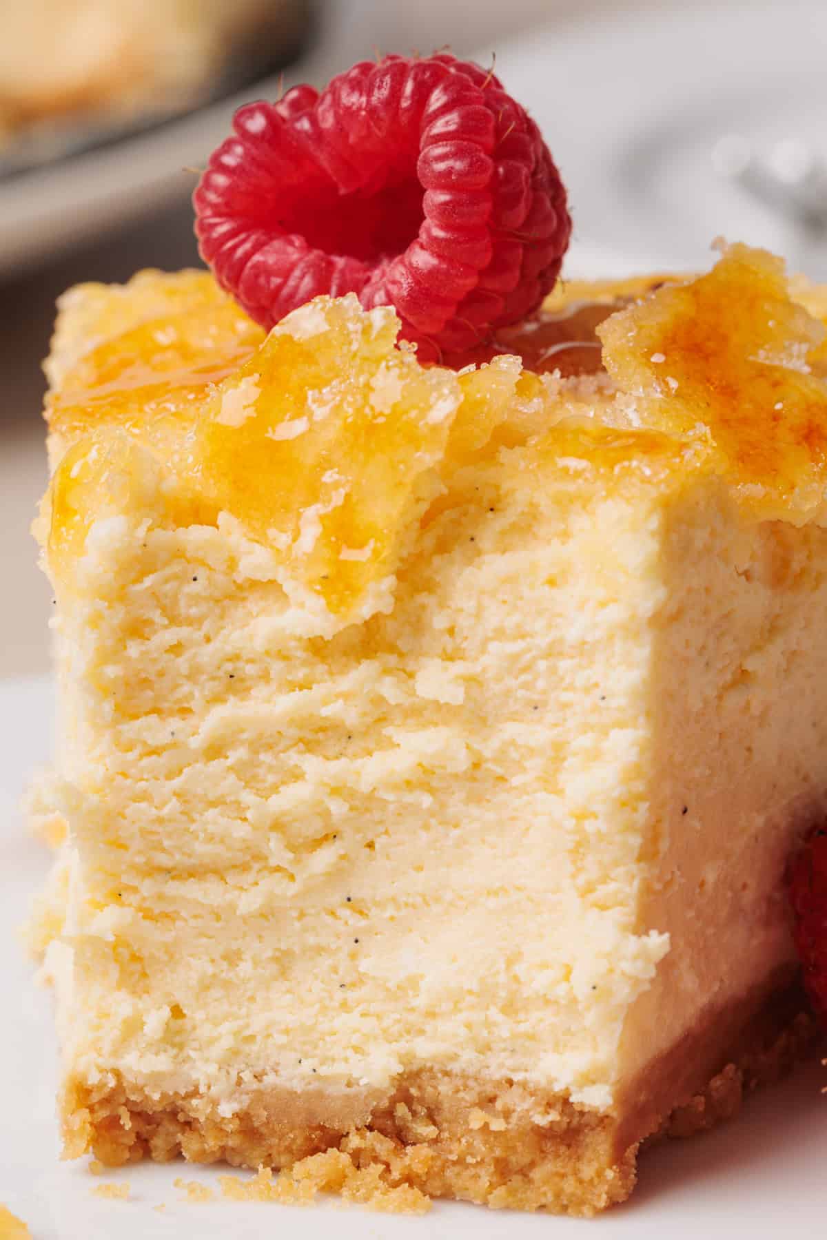 A close-up of a slice of creamy cheesecake topped with caramelized sugar and a fresh raspberry, with a golden graham cracker crust at the bottom.