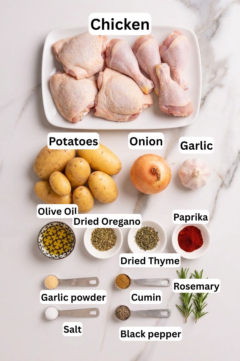 Raw chicken pieces, whole potatoes, an onion, garlic, rosemary sprigs, and small bowls of olive oil, dried oregano, dried thyme, paprika, garlic powder, cumin, salt, and black pepper on a white surface.