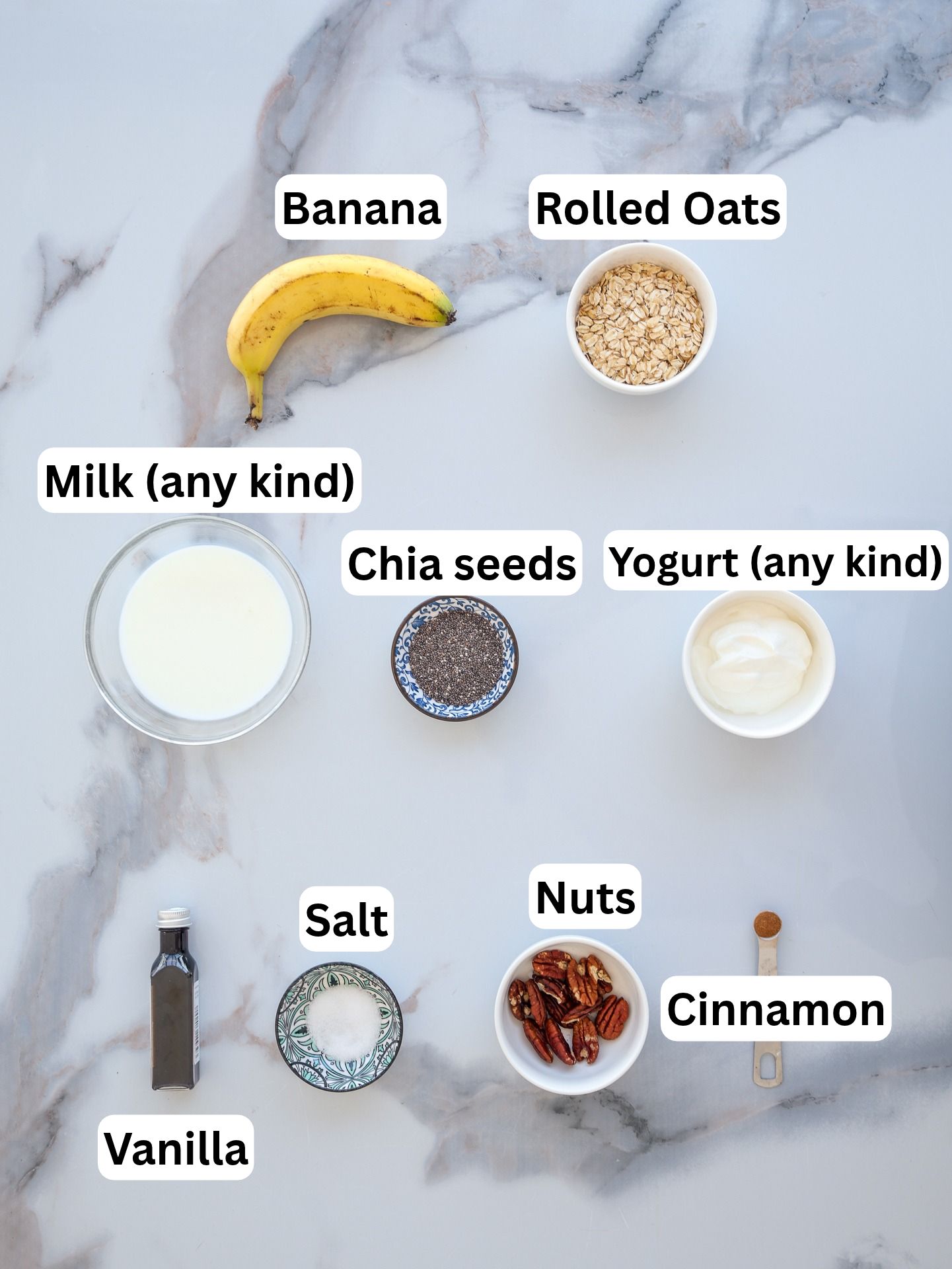 Top-down view of ingredients for a recipe, labeled: banana, rolled oats, milk, chia seeds, yogurt, vanilla, salt, nuts, and cinnamon.