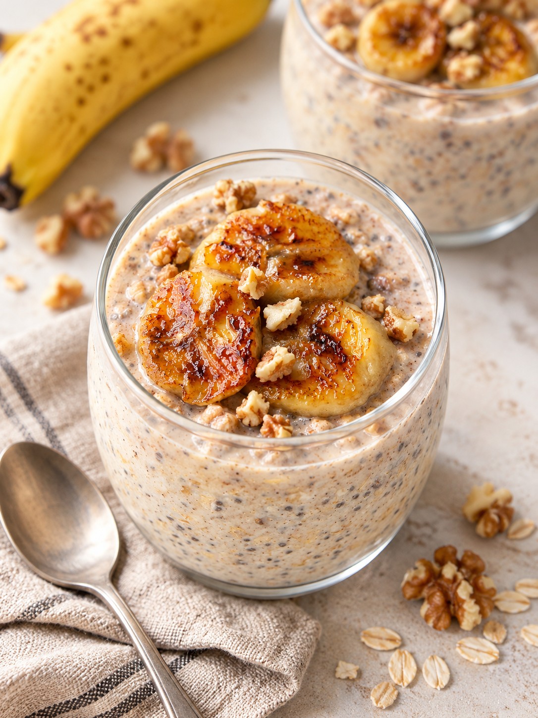 A glass jar of banana bread overnight oats topped with seared banana slices and walnut pieces, with a spoon nearby.